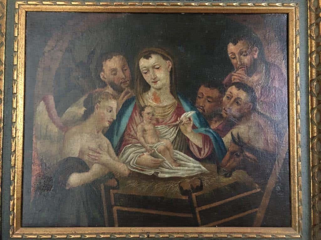 19th Century Italian Oil on Canvas of Jesus, Mary, Wise Men, Angel and Donkey In Good Condition For Sale In Southall, GB