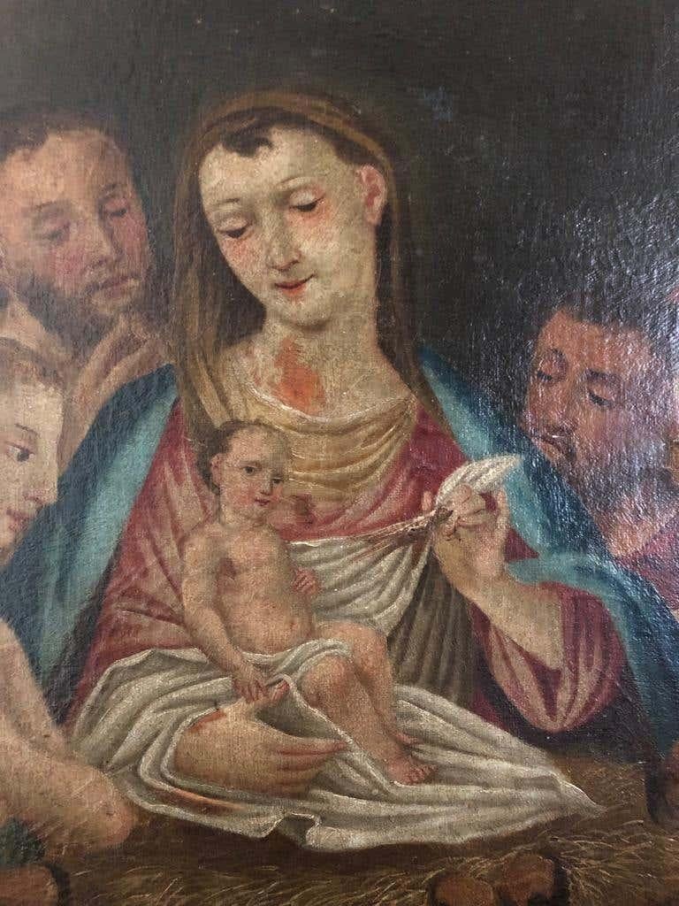 19th Century Italian Oil on Canvas of Jesus, Mary, Wise Men, Angel and Donkey For Sale 1