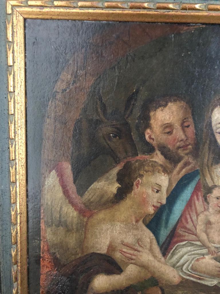 19th Century Italian Oil on Canvas of Jesus, Mary, Wise Men, Angel and Donkey For Sale 1