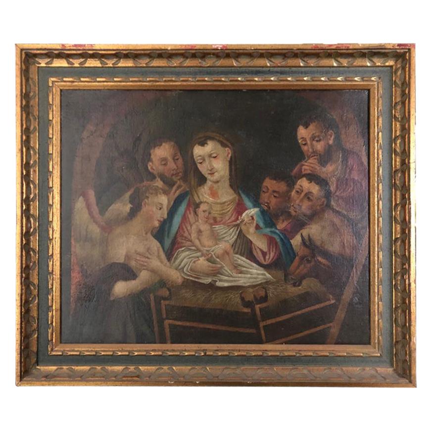 19th Century Italian Oil on Canvas of Jesus, Mary, Wise Men, Angel and Donkey For Sale