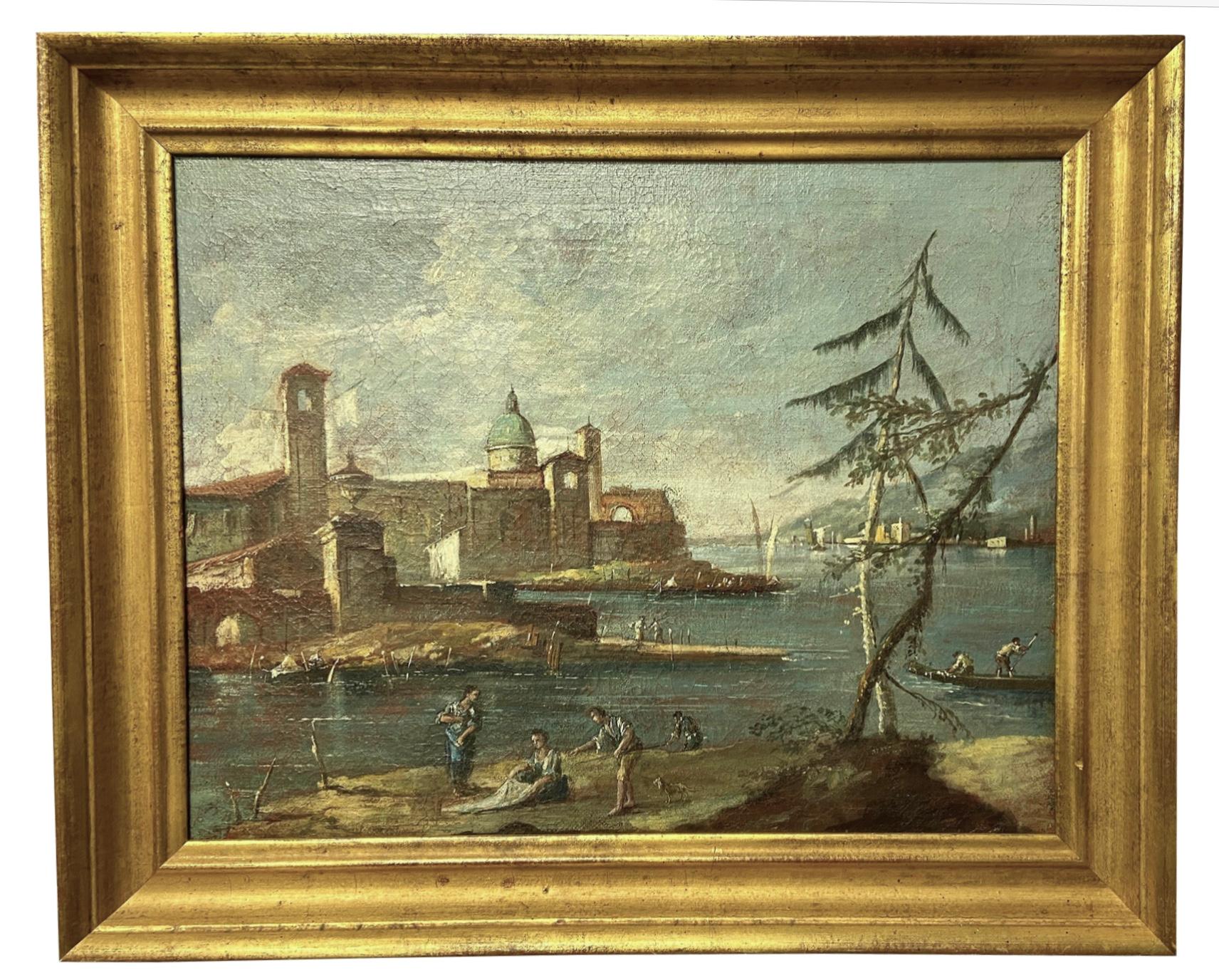 Peinture à l'huile sur toile italienne du 19ème siècle, style Guardi en vente 3