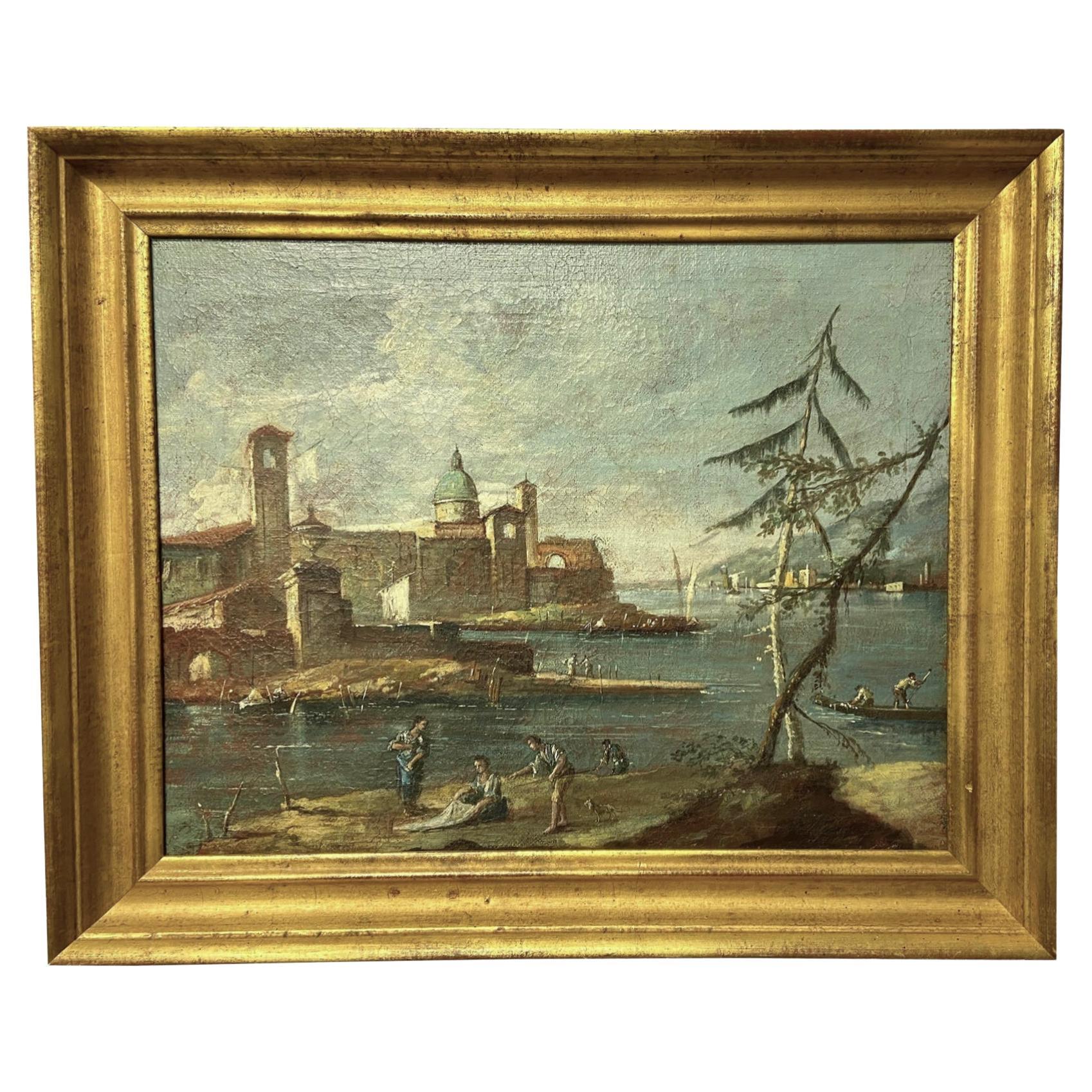 Peinture à l'huile sur toile italienne du 19ème siècle, style Guardi