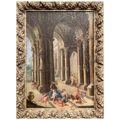 19th Century Italian Oil on Canvas Painting "The Vaults" in Carved Painted Frame
