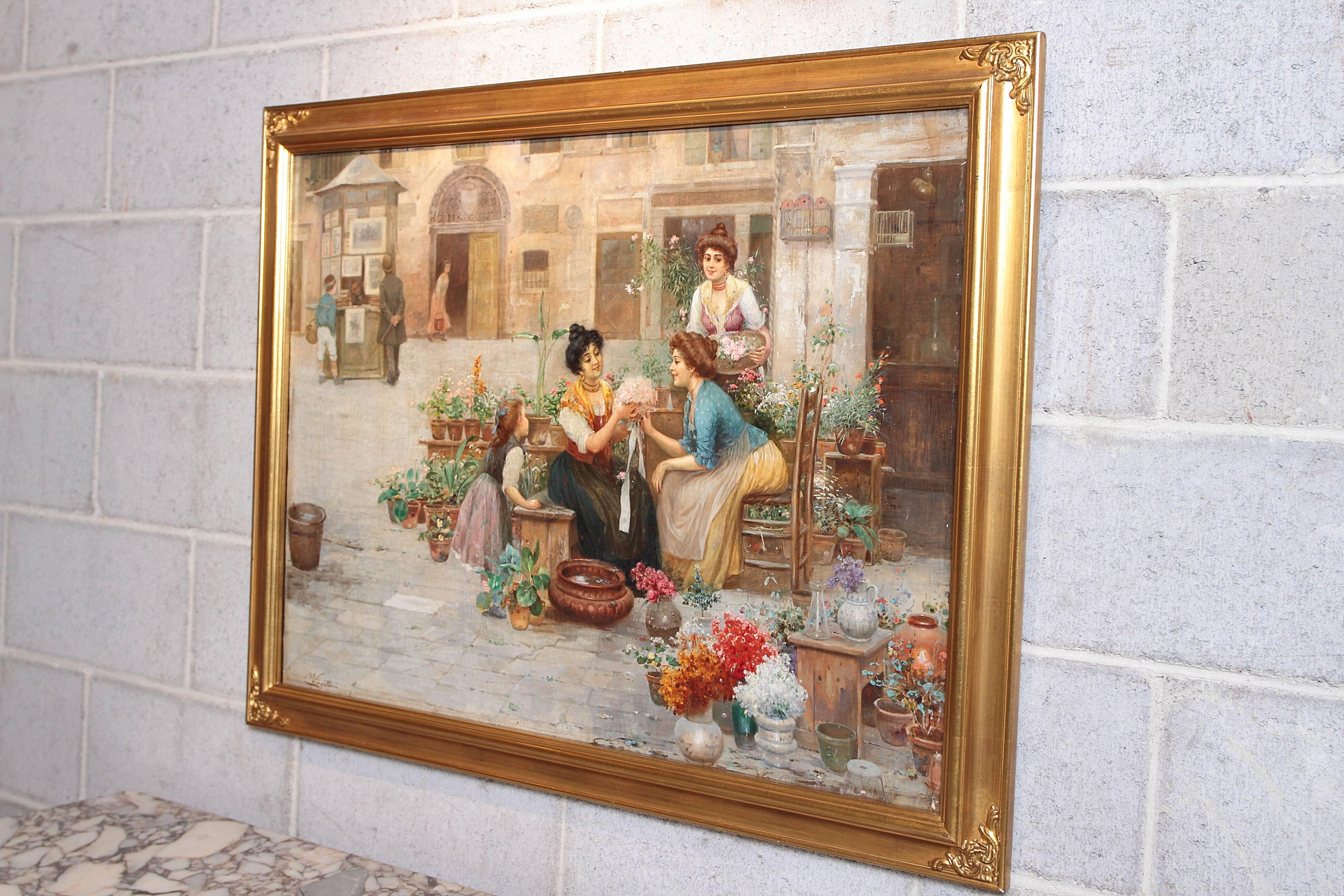 19th century fine oil on canvas Venetian flower market by Cesare Vianello. Beautifully painted in a gilt frame.