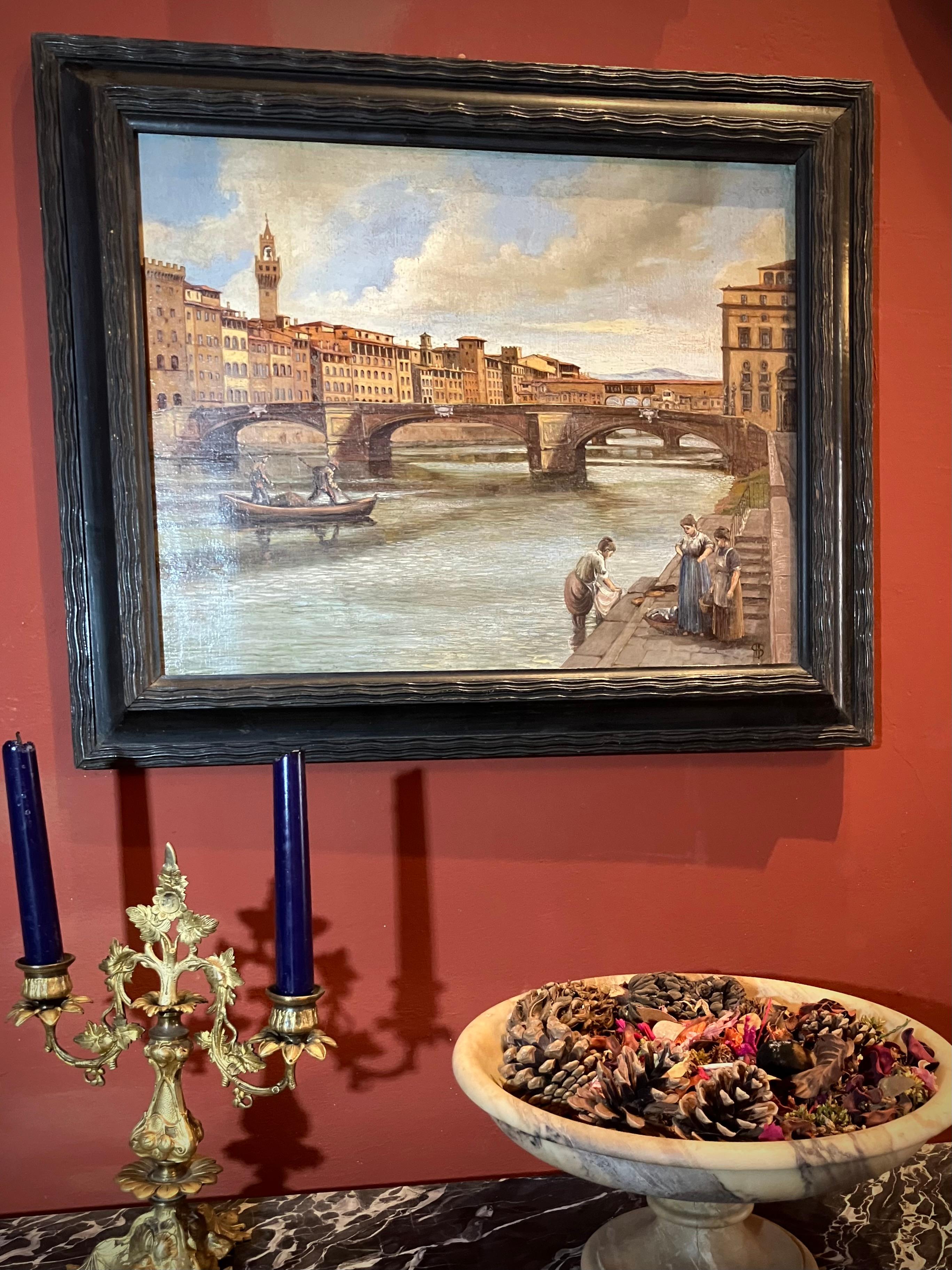 19. Jahrhundert Italienisch Öl auf Panel Landschaft Gemälde Florenz Ansicht Schwarzer Rahmen (Romantik) im Angebot