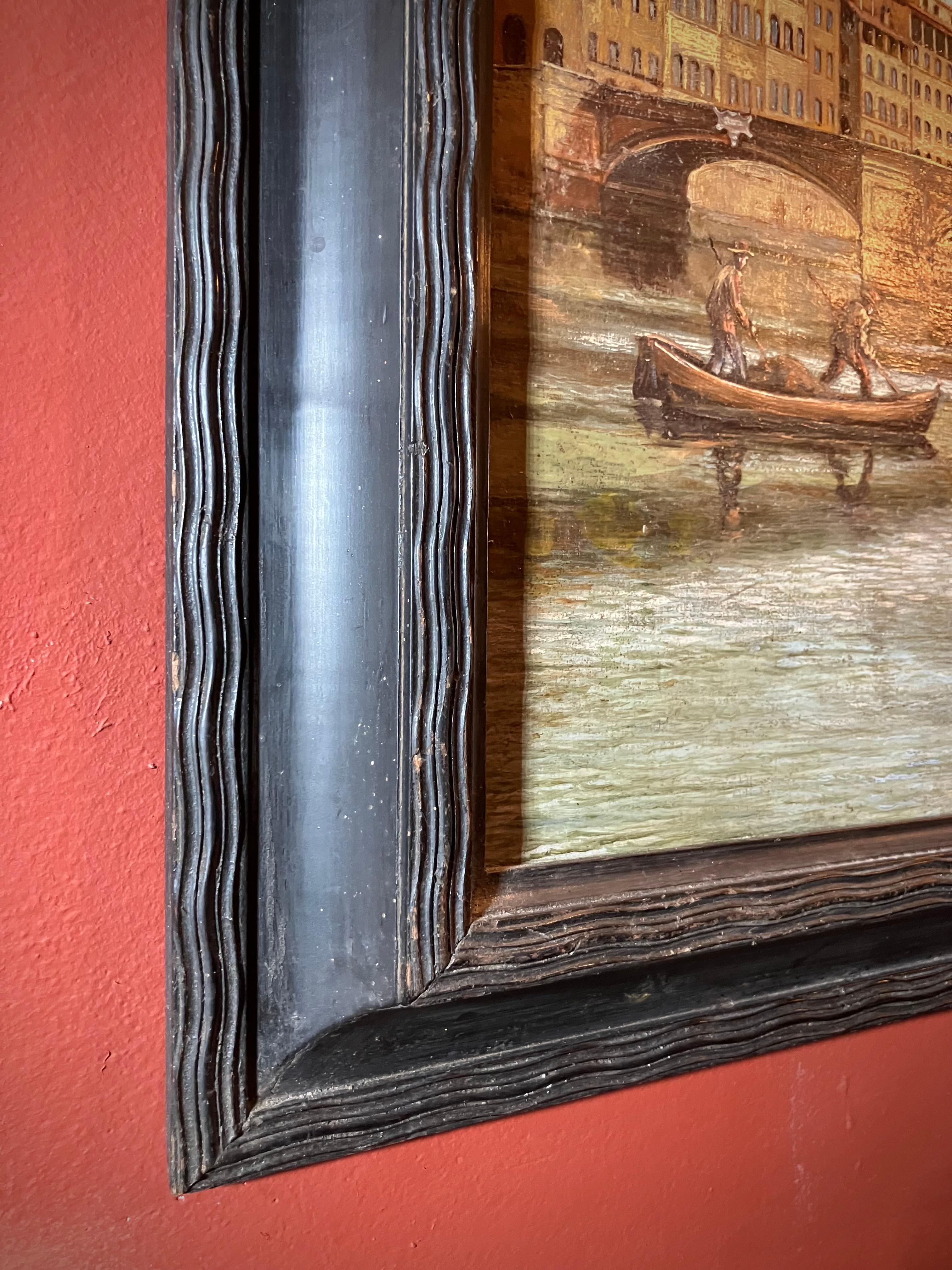 19. Jahrhundert Italienisch Öl auf Panel Landschaft Gemälde Florenz Ansicht Schwarzer Rahmen (Geschwärzt) im Angebot