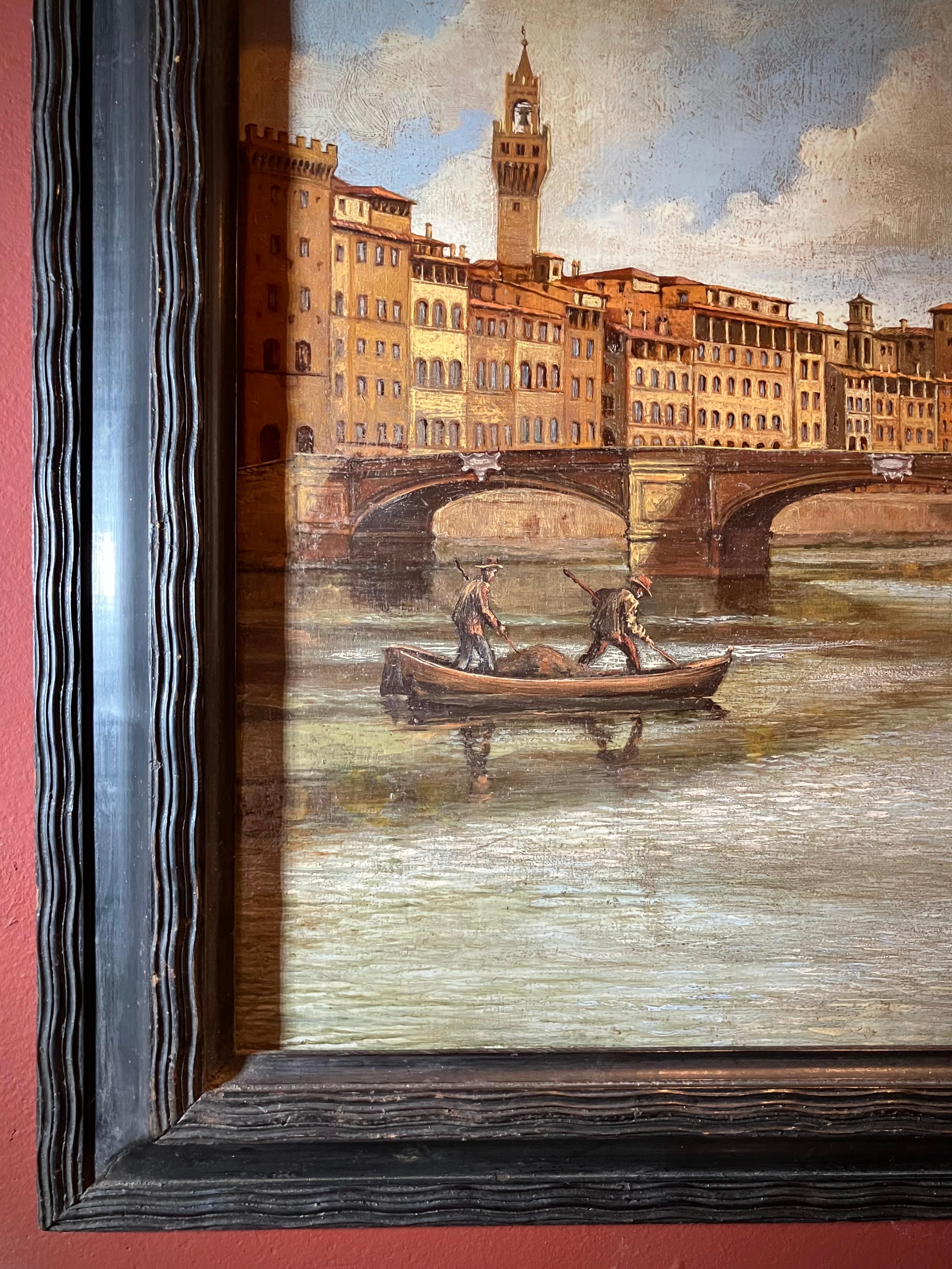 19. Jahrhundert Italienisch Öl auf Panel Landschaft Gemälde Florenz Ansicht Schwarzer Rahmen im Zustand ��„Gut“ im Angebot in Firenze, IT