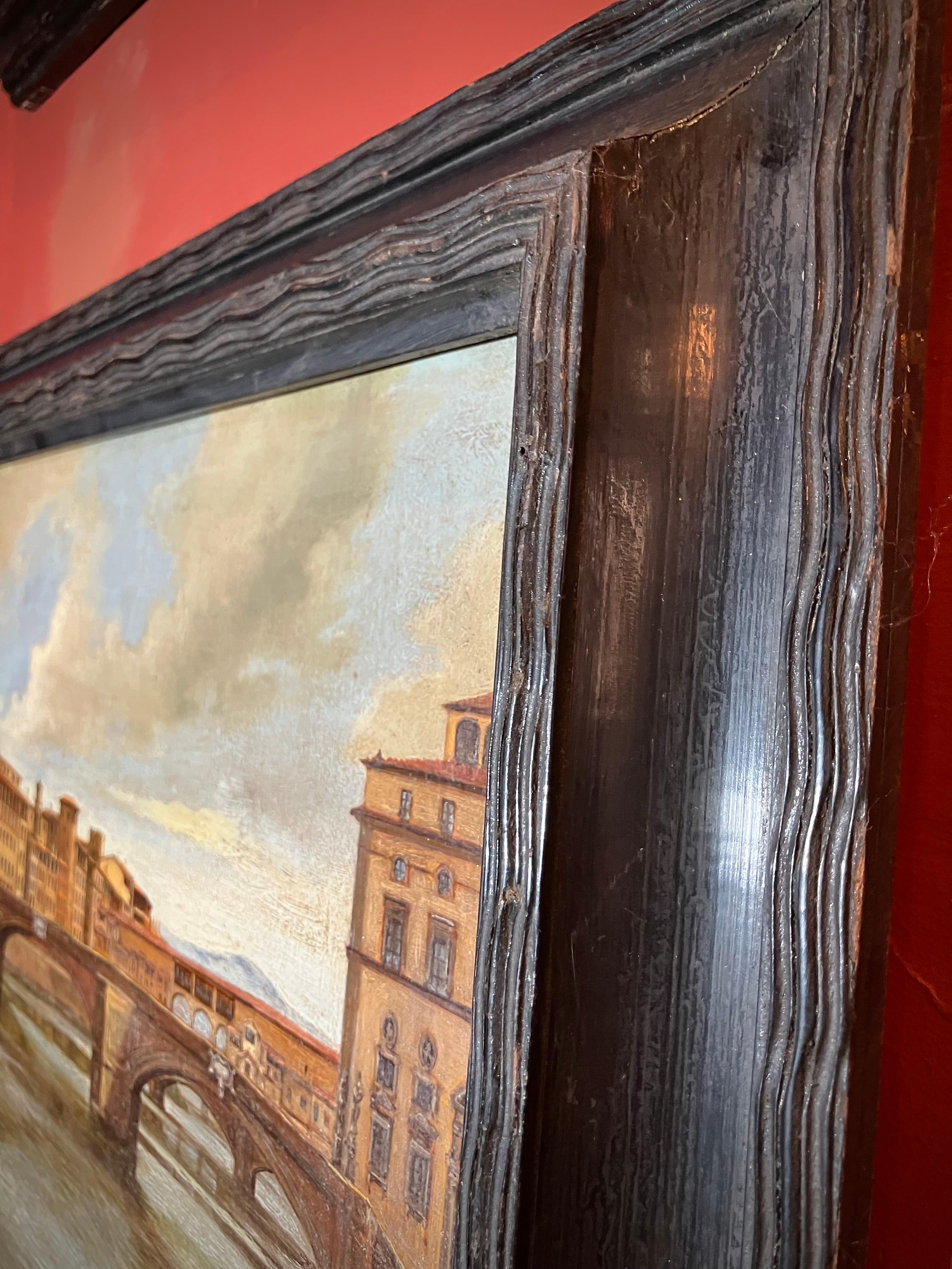 19. Jahrhundert Italienisch Öl auf Panel Landschaft Gemälde Florenz Ansicht Schwarzer Rahmen im Angebot 3