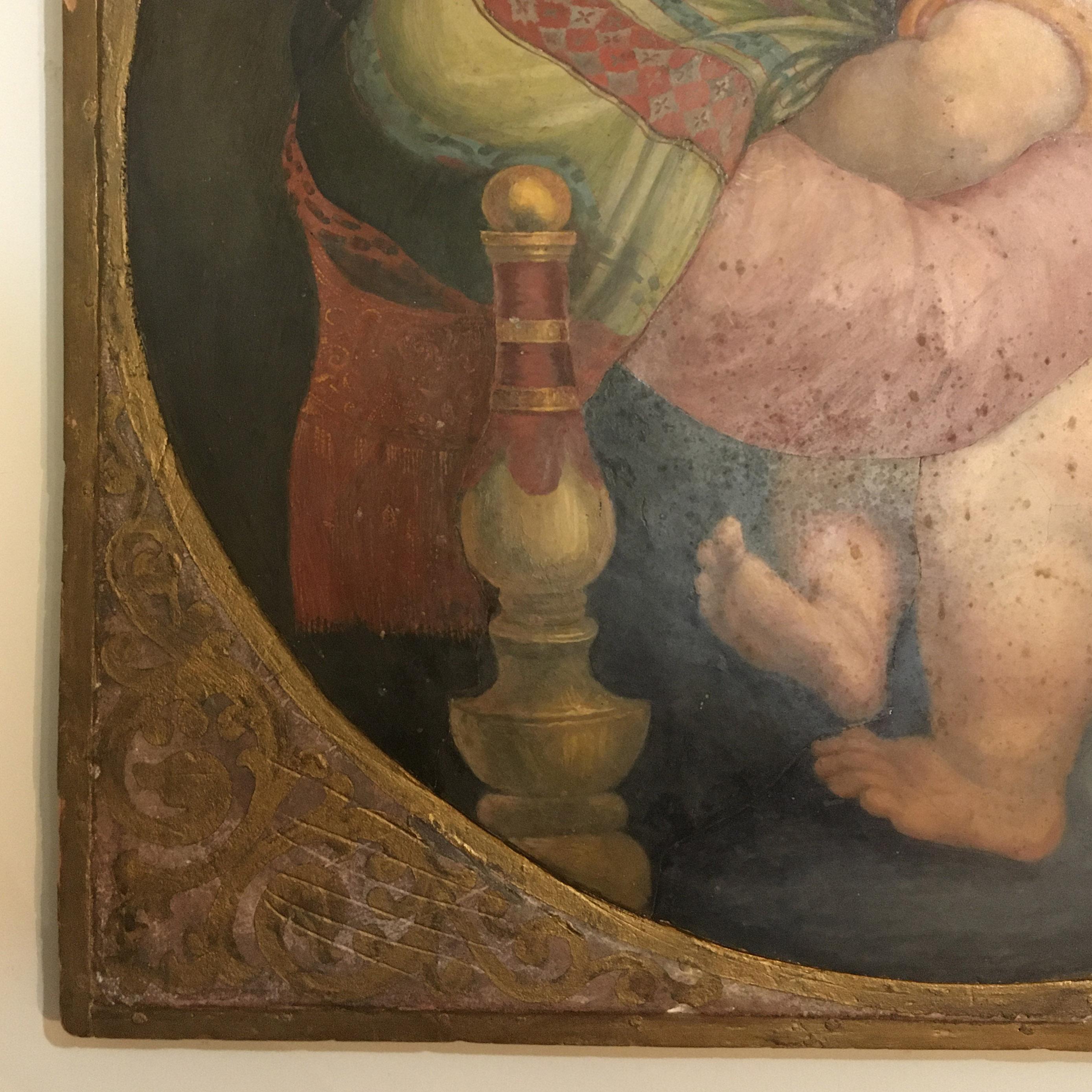Hand-Painted 19th Century Italian Oil on Panel Painting Depicting a Madonna with Bambino For Sale