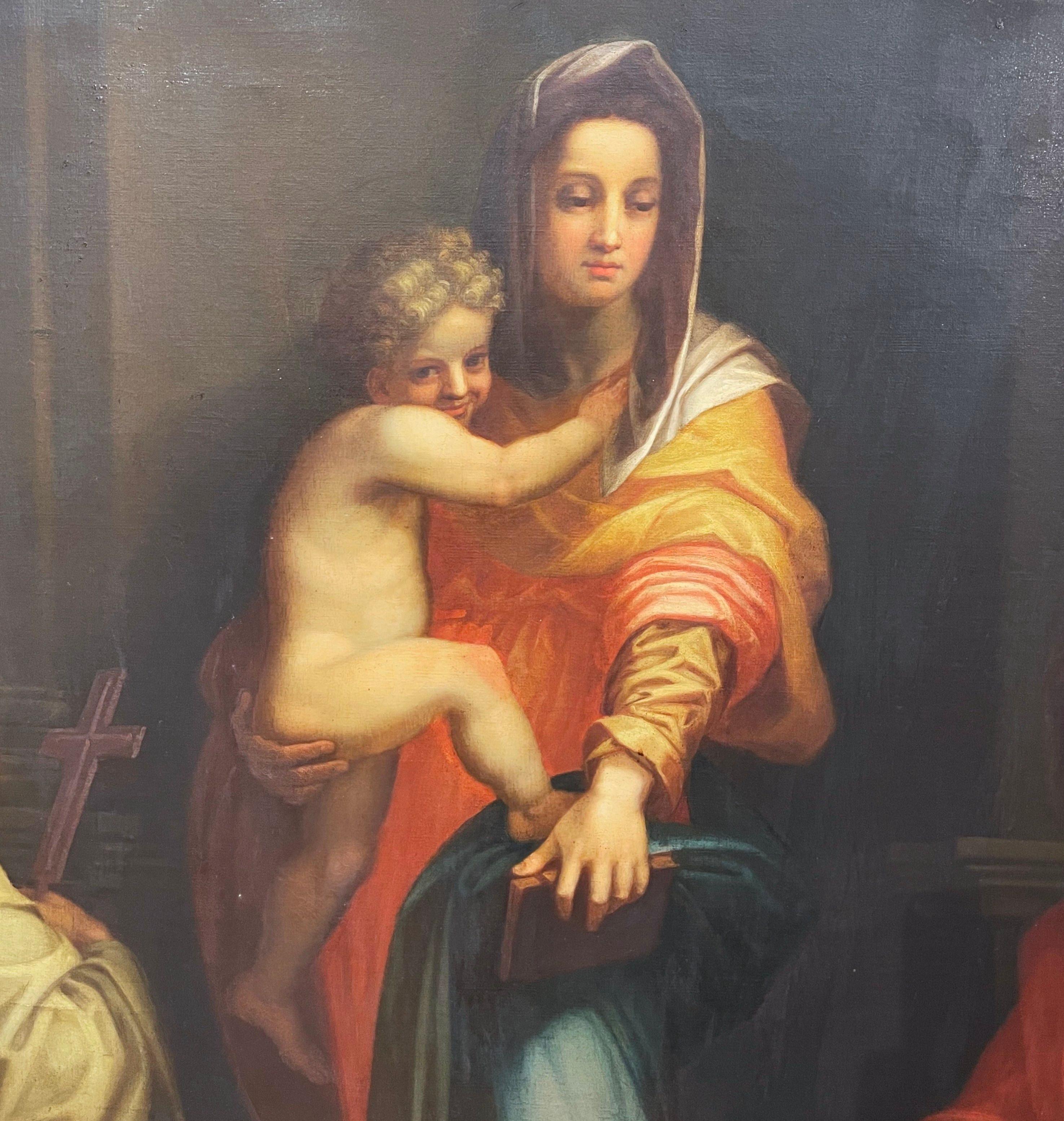 Italienisches Ölgemälde des 19. Jahrhunderts „Madonna der Mohnblumen“ von Andrea del Sarto (Vergoldet) im Angebot