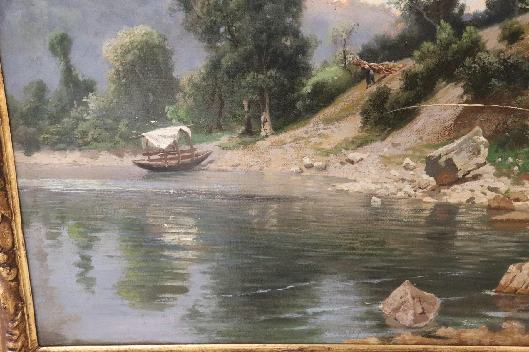 19th Century Italian Oil Painting on Canvas Impressionist Landscape with Frame In Excellent Condition In Casale Monferrato, IT
