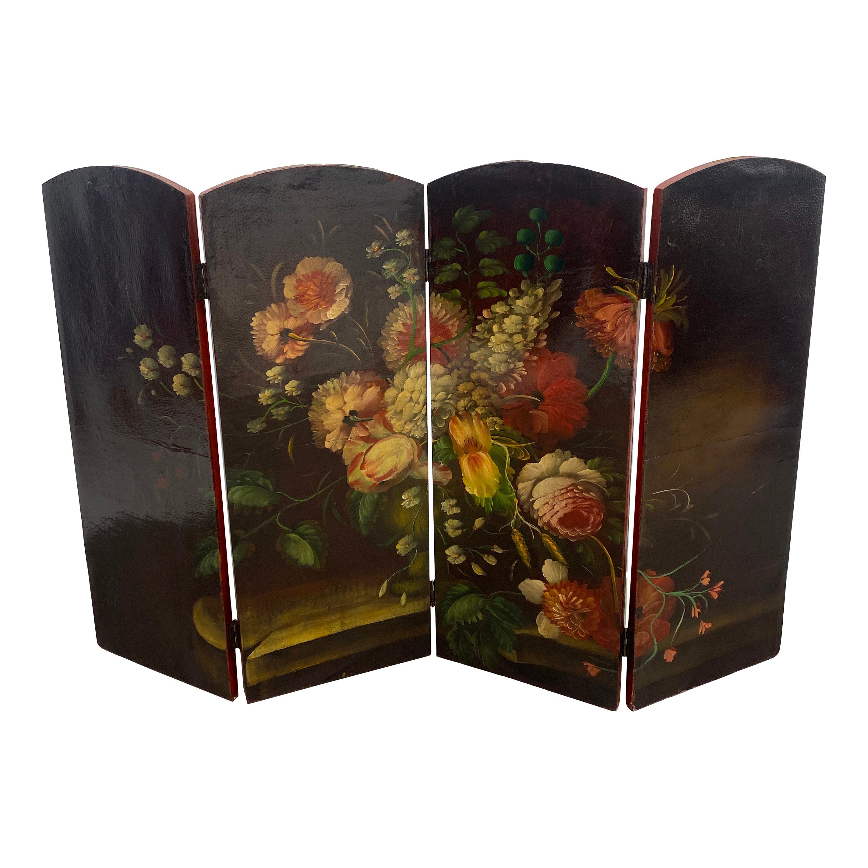 19th Century Italian Oil Painting on Four Panel Folding Screen For Sale