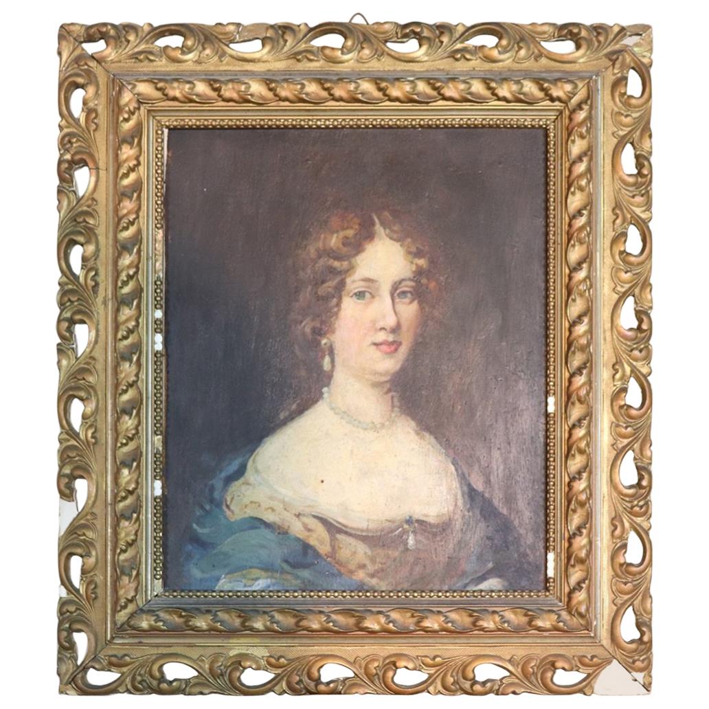 19th Century Italian Oil Painting on Wood table Portrait of a Young Lady
