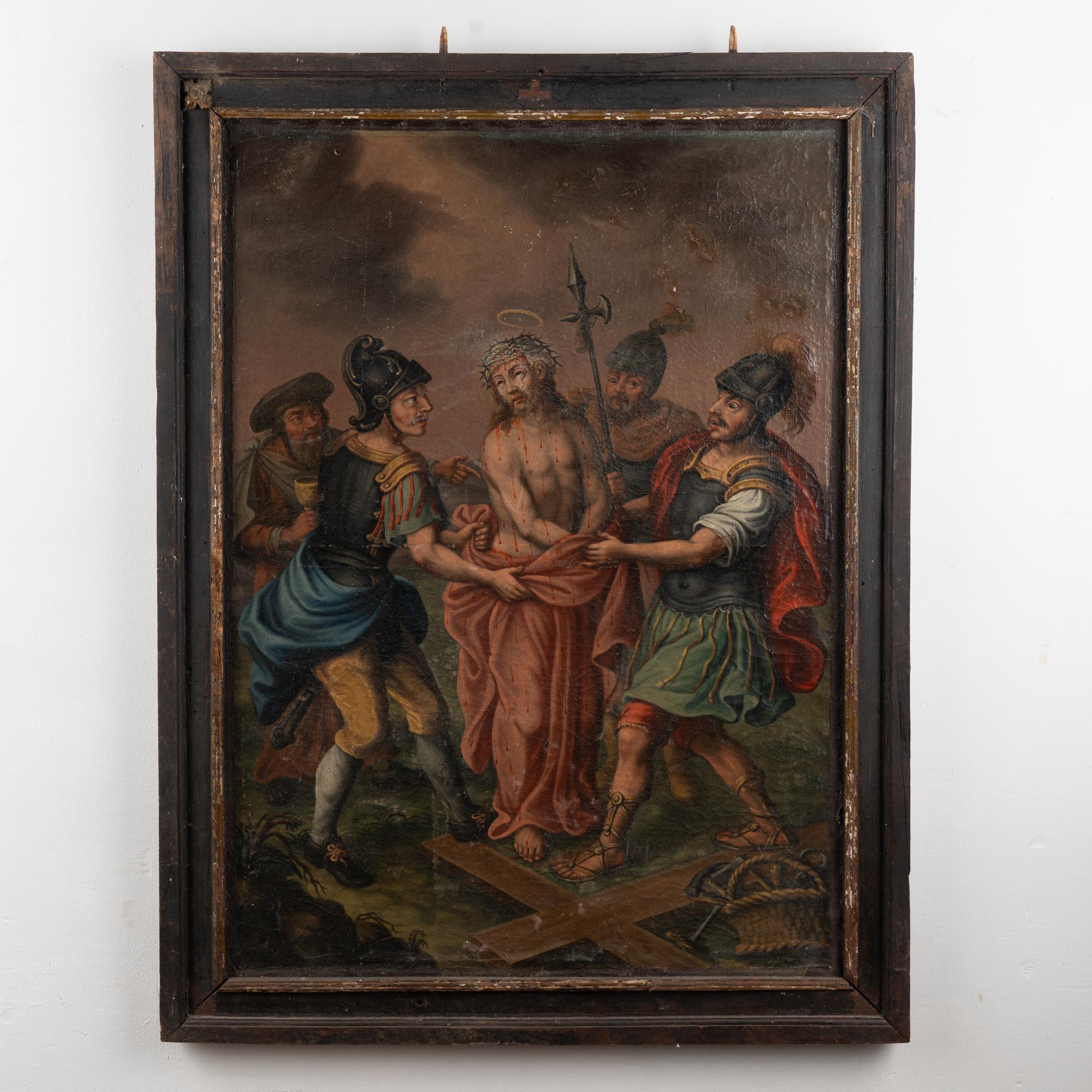 Großes Originalgemälde in Öl auf Leinwand, das die Kreuzigung Christi zeigt, wie sich die römischen Soldaten darauf vorbereiten, ihn ans Kreuz zu nageln (man sieht ihn auf dem Boden liegen). Knapp unter 4' hoch mit Rahmen.
Starke Craquelébildung,