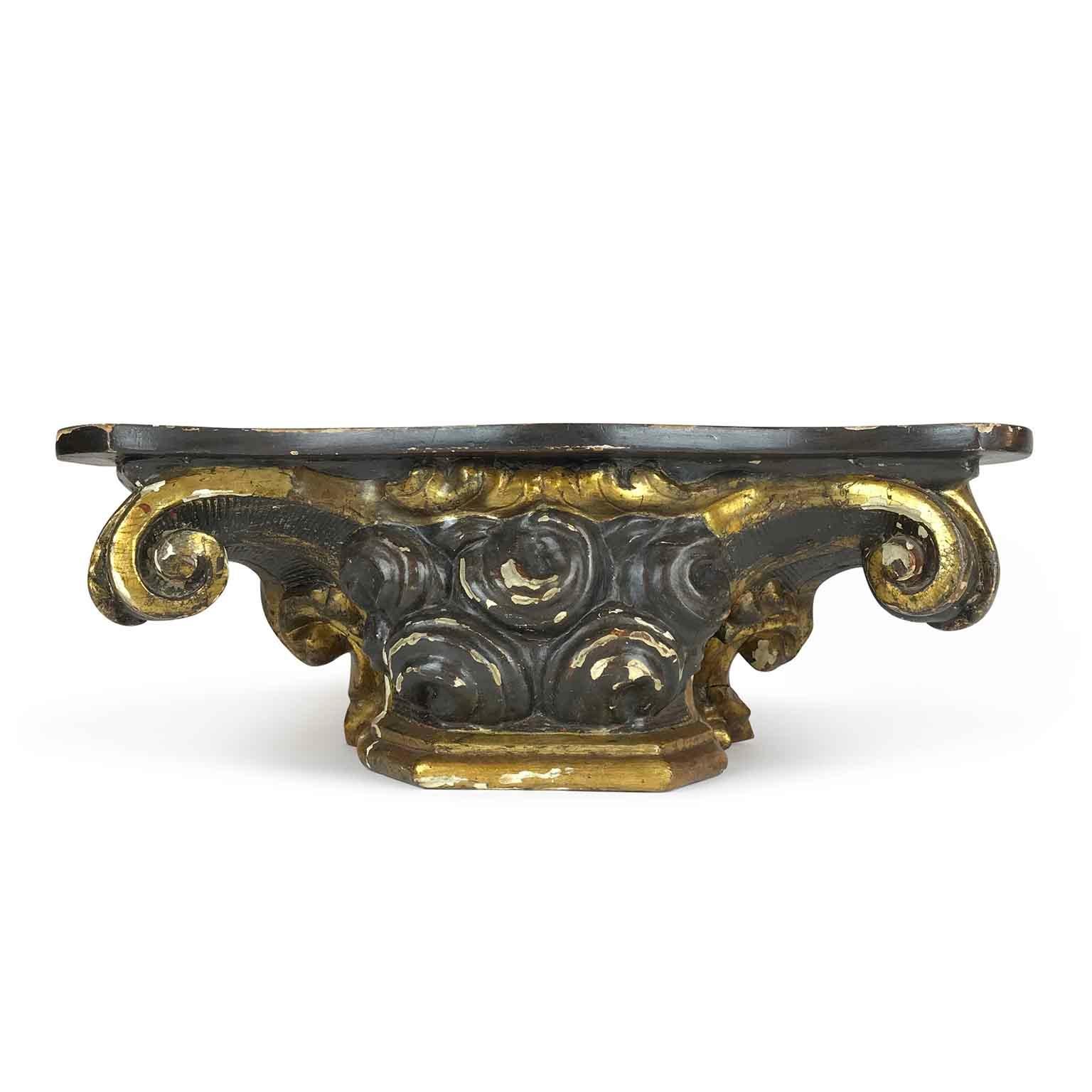 Silvered 19th Century Italian Ornamental Capital as Wall Bracket Wooden Base Hand-Carved