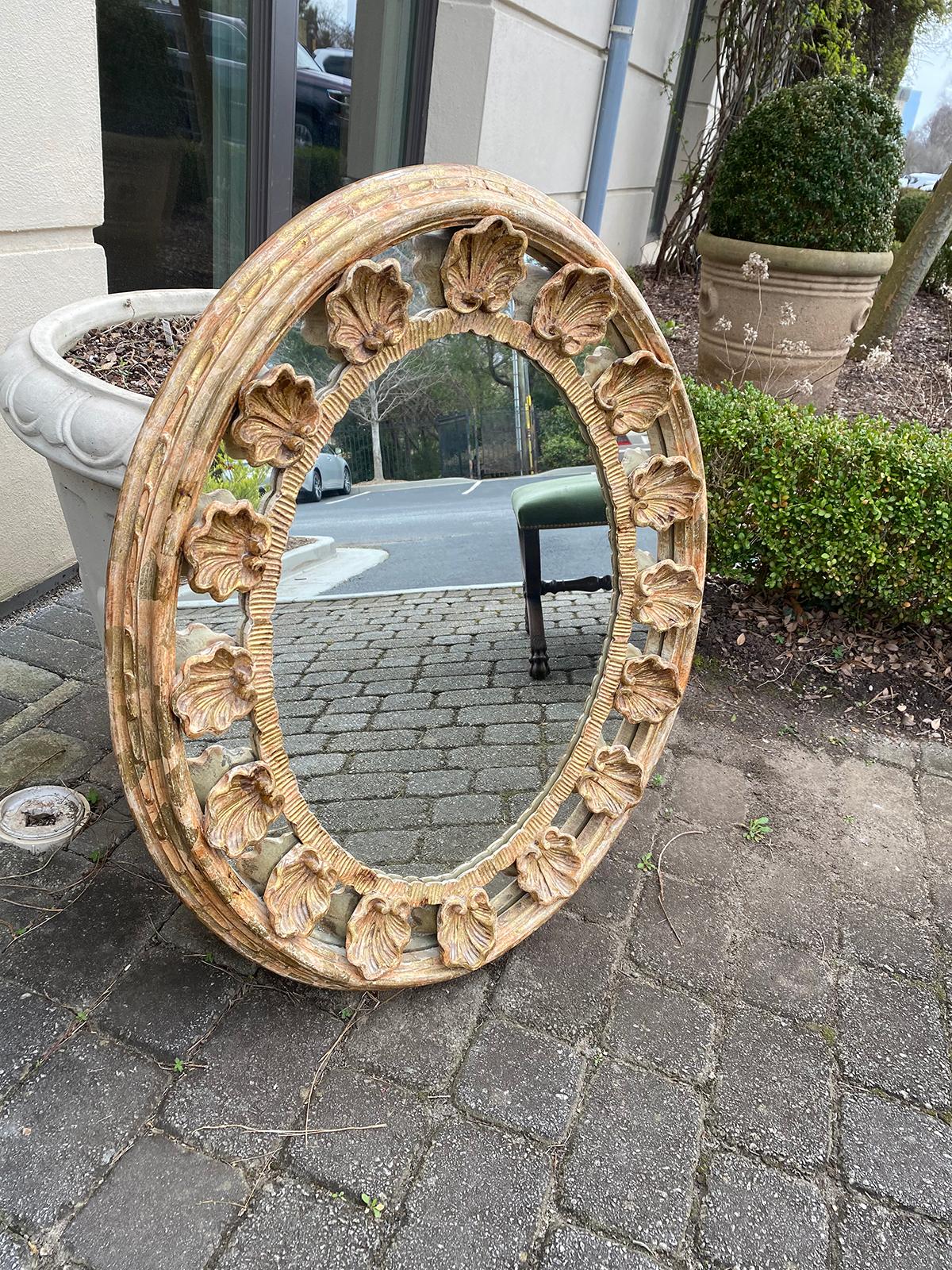 18th-19th Century Italian Oval Carved Giltwood Shell Mirror with Label In Good Condition In Atlanta, GA