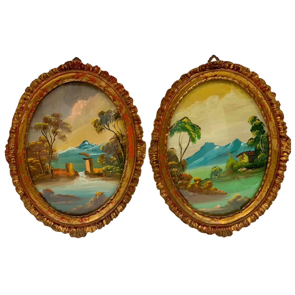 19th Century Italian Oval Hand Painted Landscapes Giltwood Frames