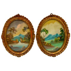 Antique 19th Century Italian Oval Hand Painted Landscapes Giltwood Frames