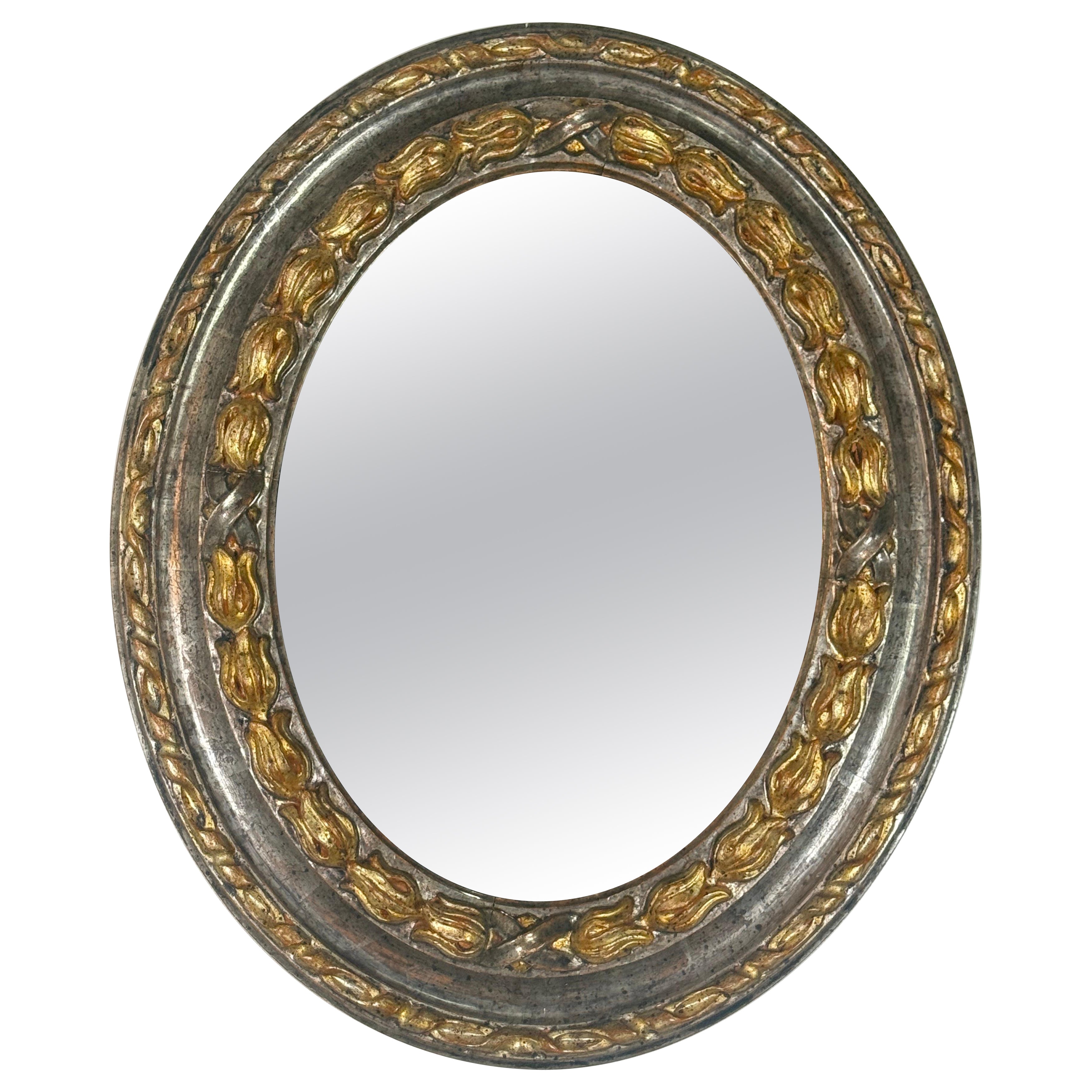 19th Century Italian Oval Mirror in Burnished Silver Leaf and Gold