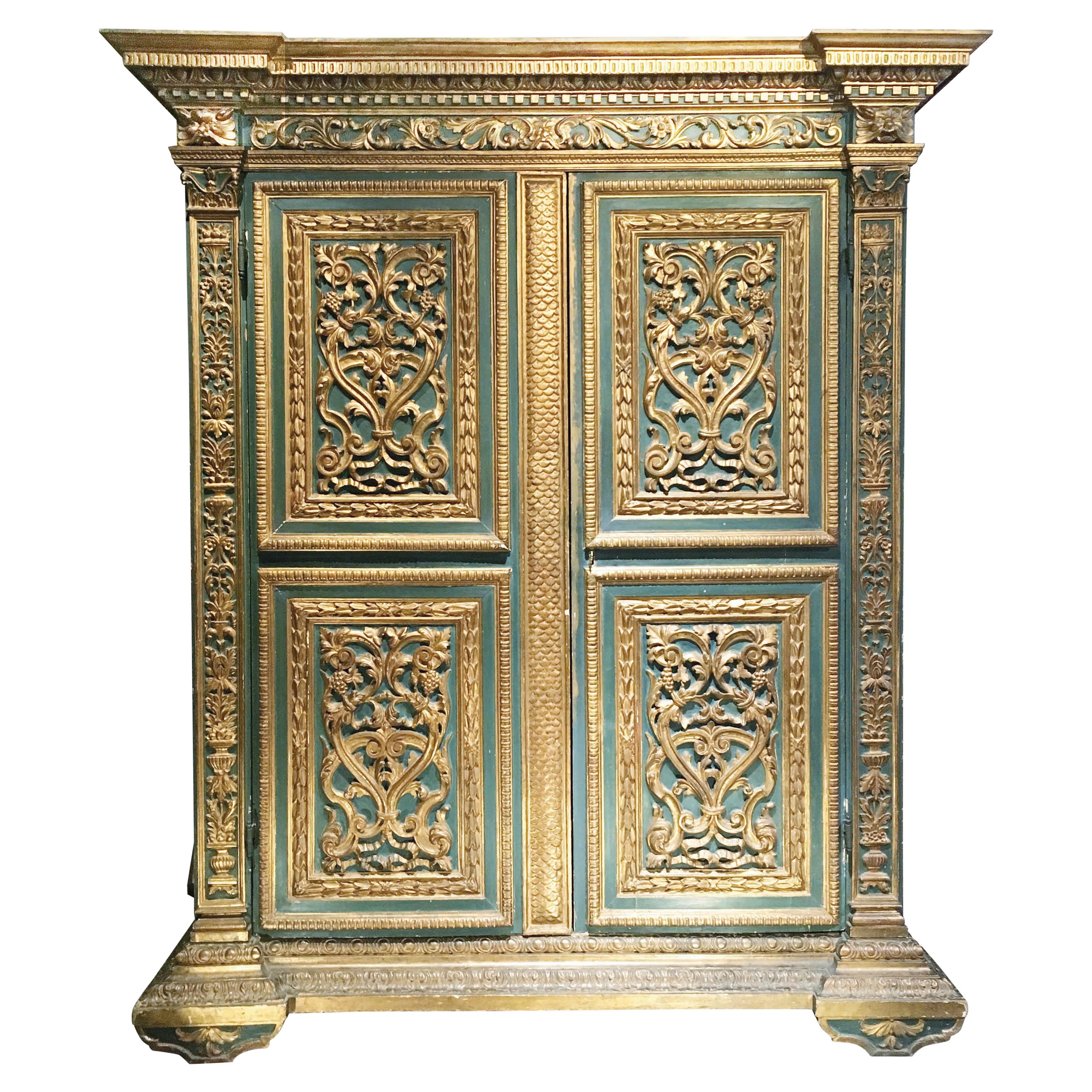 19th Century Italian Painted and Giltwood Wardrobe with Carved Decoration