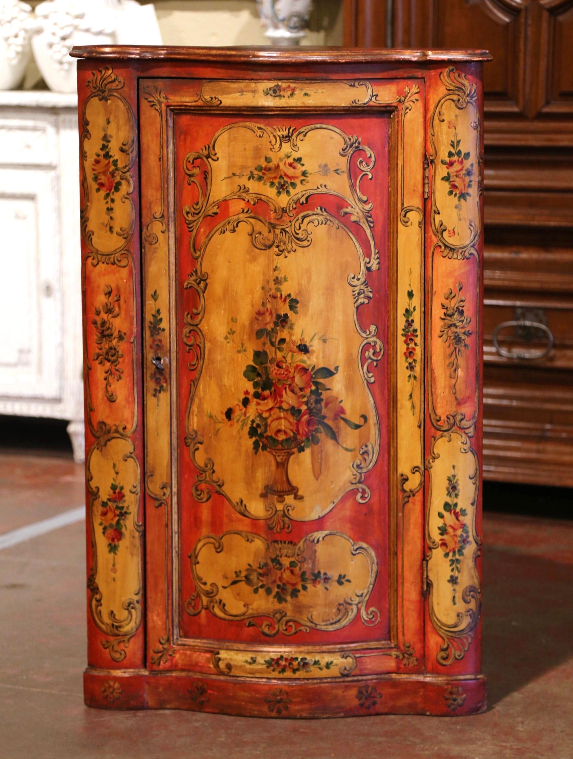 French 19th Century Italian Painted Bombe Corner Cabinet with Floral Motifs