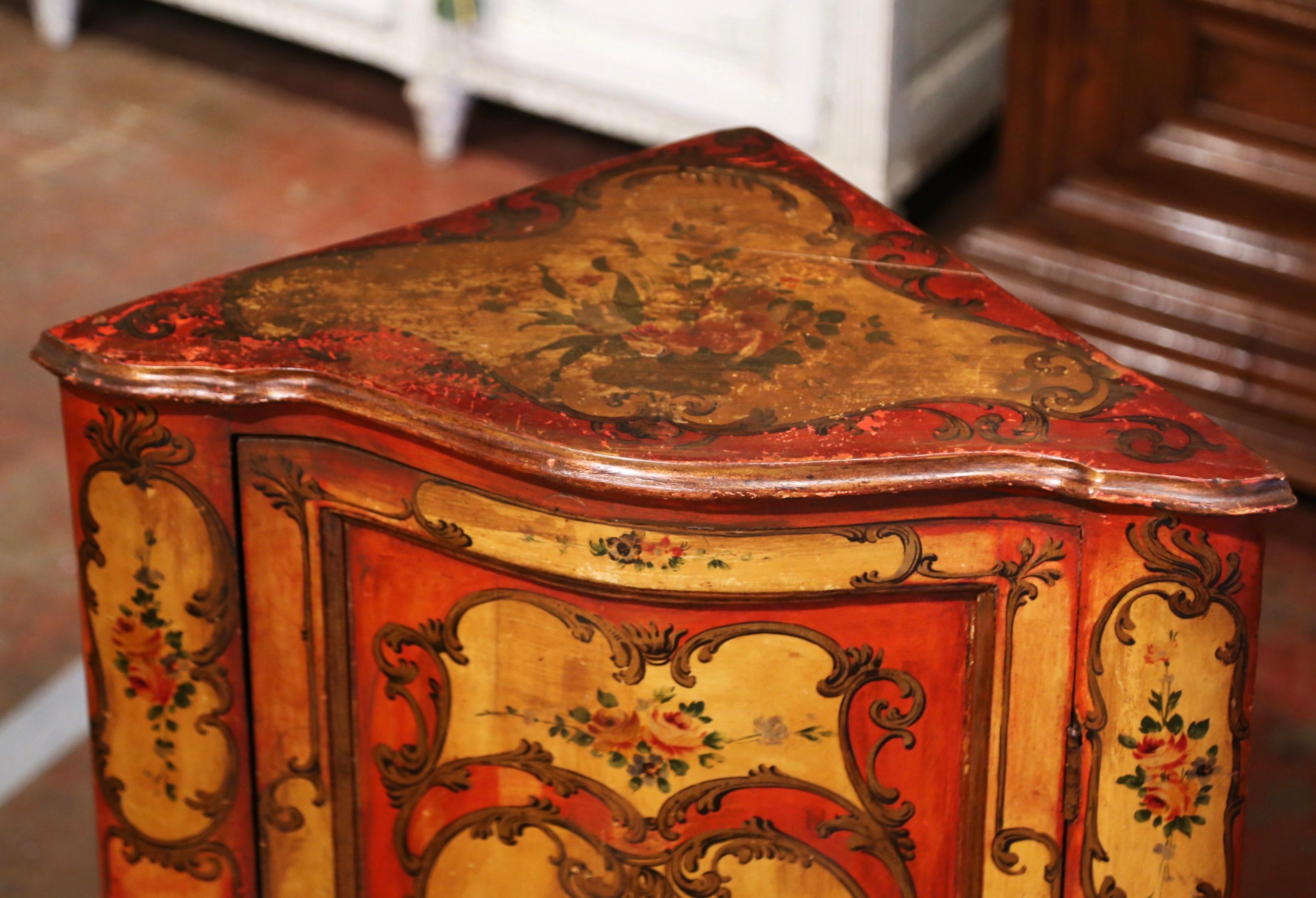 Hand-Carved 19th Century Italian Painted Bombe Corner Cabinet with Floral Motifs