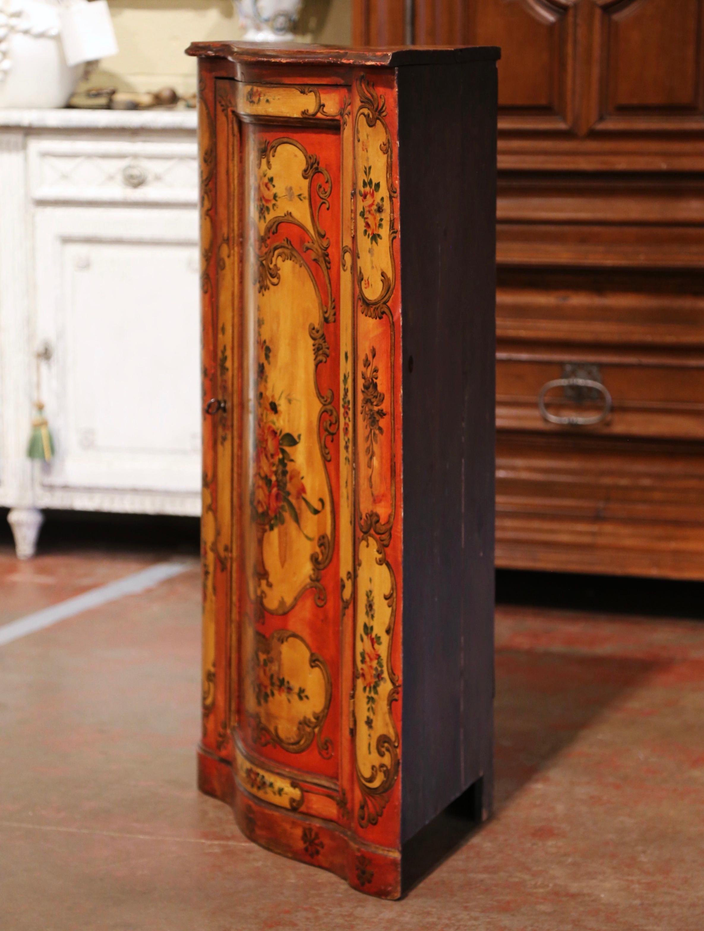 Pine 19th Century Italian Painted Bombe Corner Cabinet with Floral Motifs