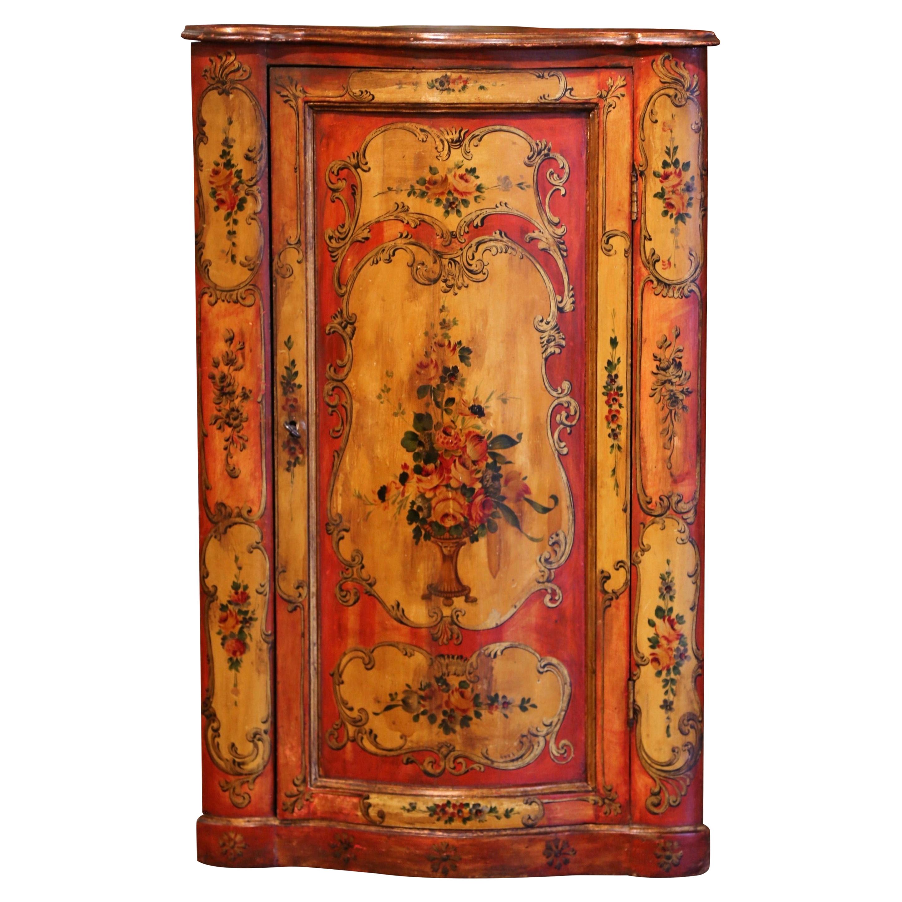 19th Century Italian Painted Bombe Corner Cabinet with Floral Motifs