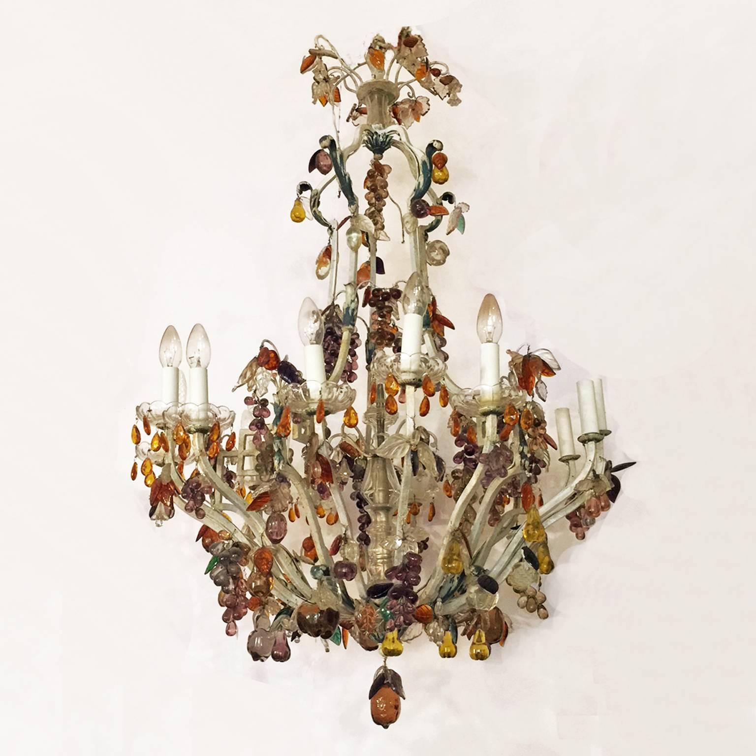 19th Century Italian Painted Bronze and Crystal Chandelier with Fruit Pendants 9