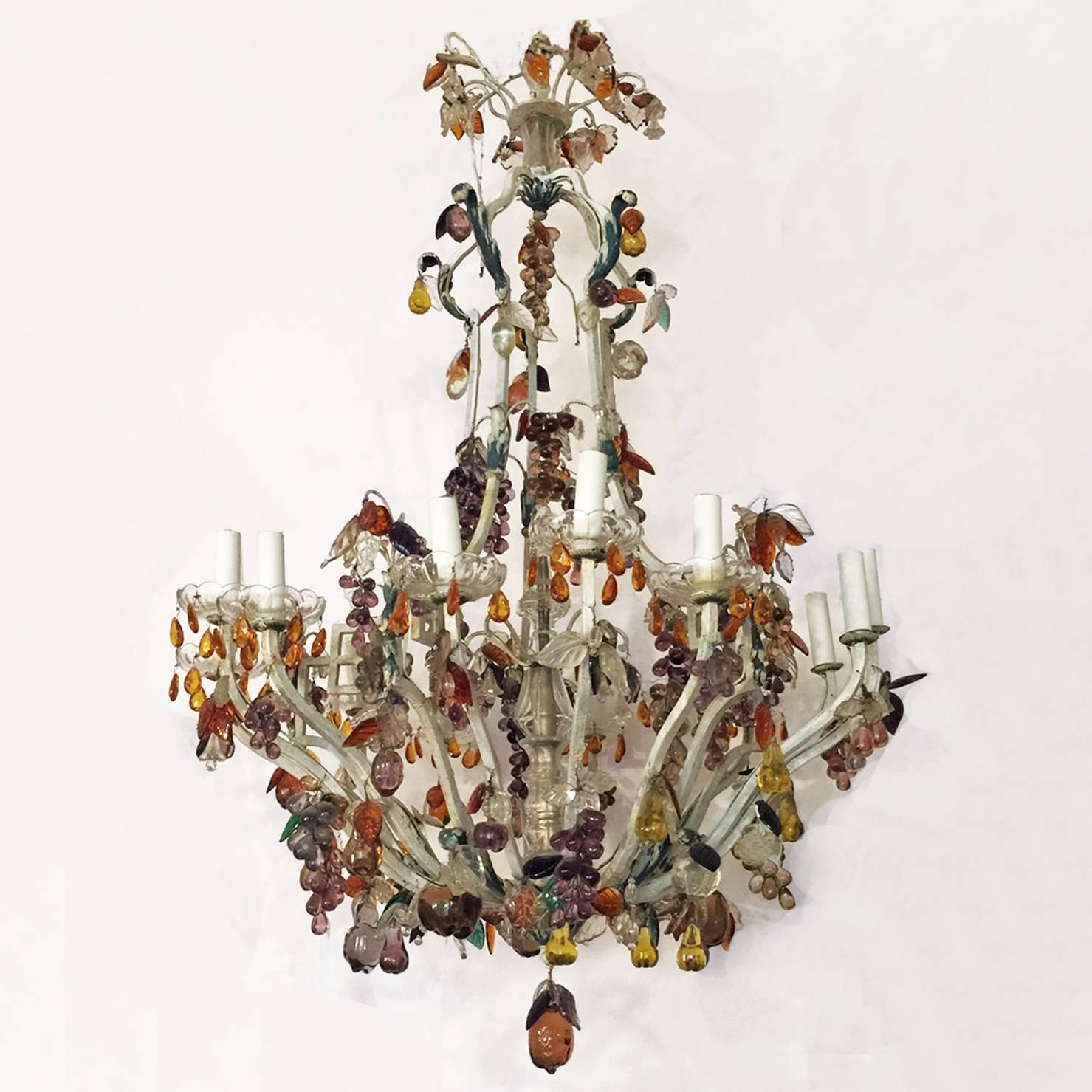 19th Century Italian Painted Bronze and Crystal Chandelier with Fruit Pendants 13