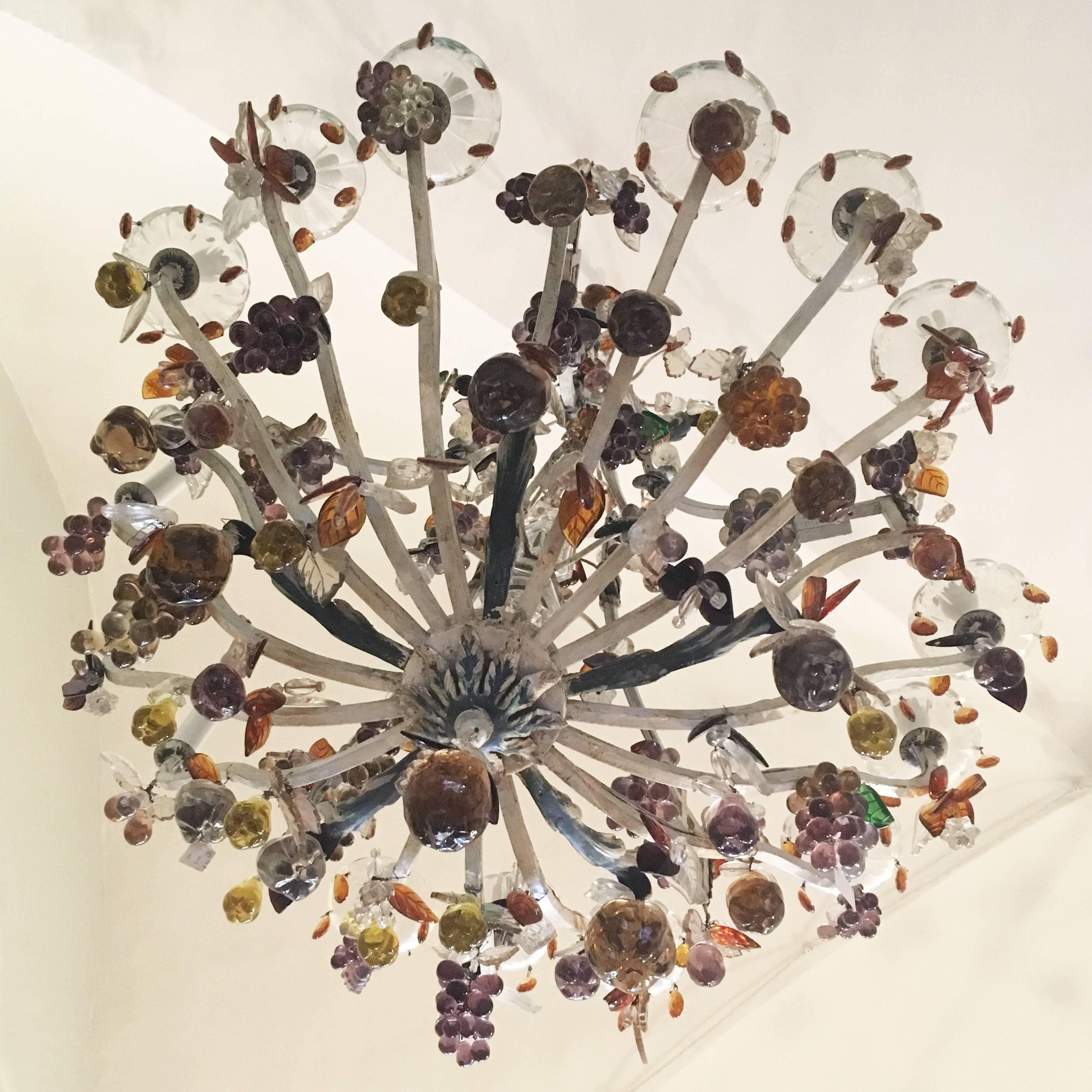 Molded 19th Century Italian Painted Bronze and Crystal Chandelier with Fruit Pendants