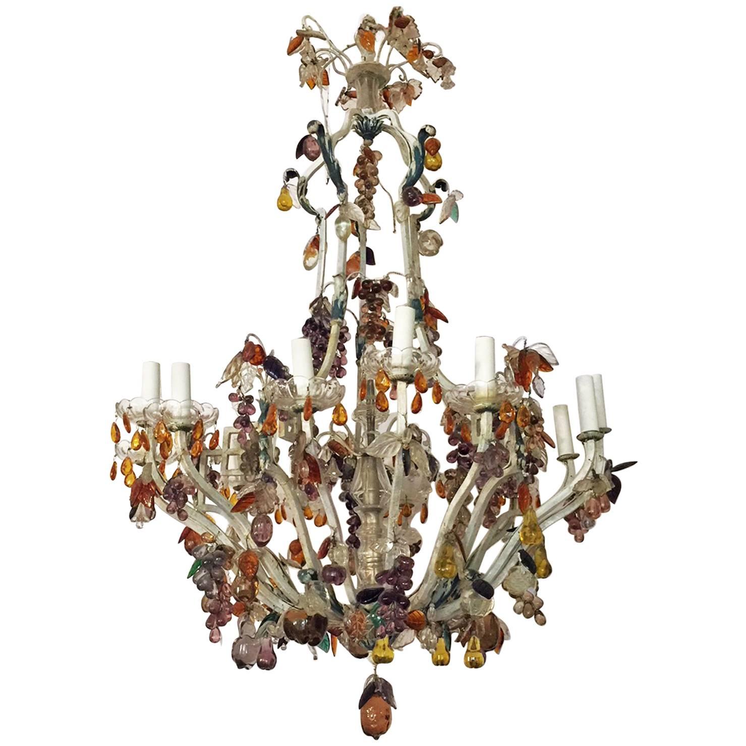 19th Century Italian Painted Bronze and Crystal Chandelier with Fruit Pendants