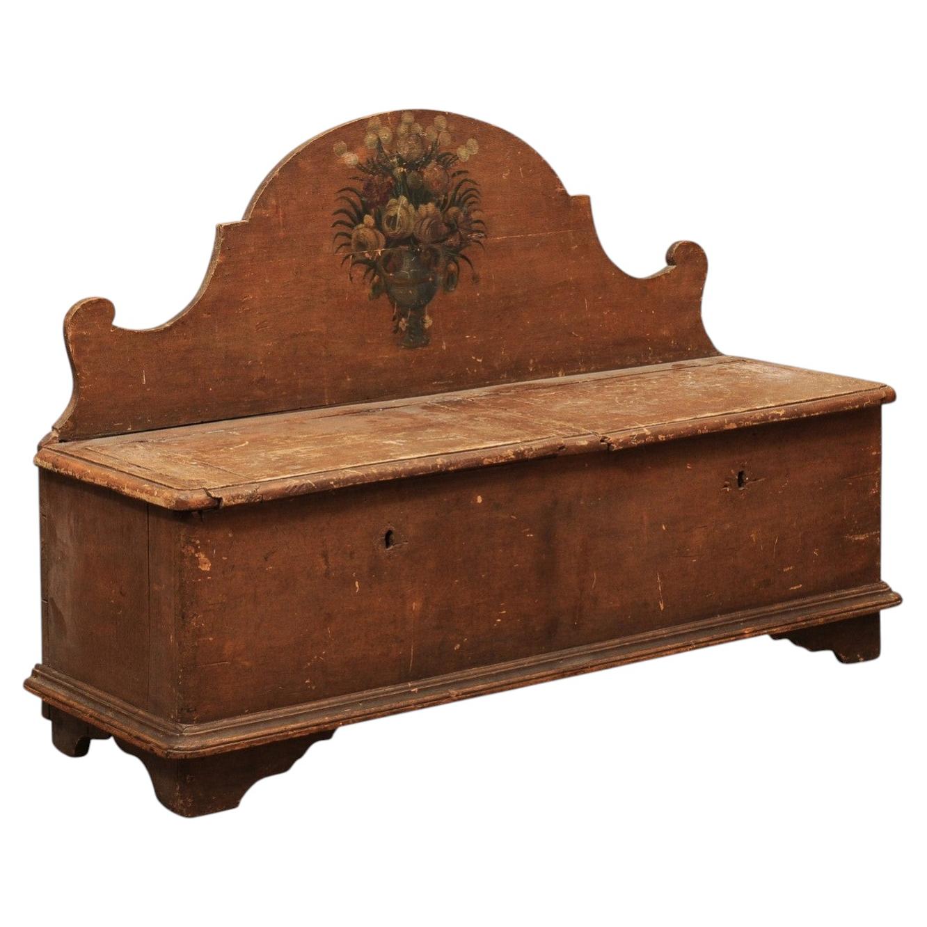 19th Century Italian Painted Hall Bench with Floral Painted Detail and Lift Top