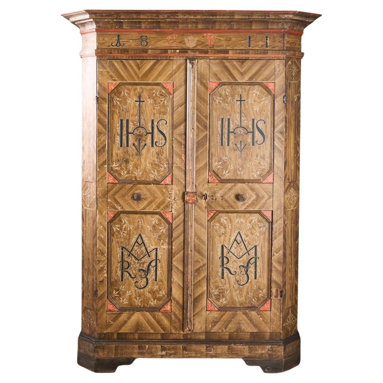 19th Century Italian painted Marriage cupboard For Sale
