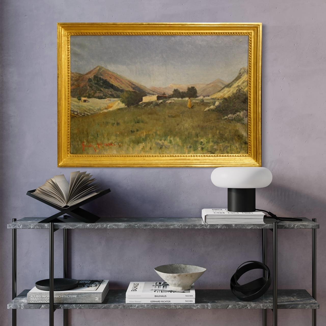 Canvas 19th Century Italian Painting Landscape with Hunter Signed and Dated, 1899 For Sale