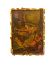 19th Century Italian Painting of Jesus & Mary Framed with Amber