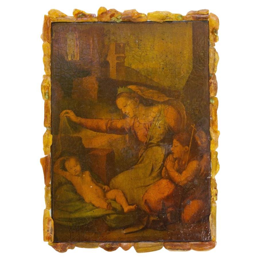 Peinture italienne du 19ème siècle représentant Jésus et Marie encadrée d'ambre