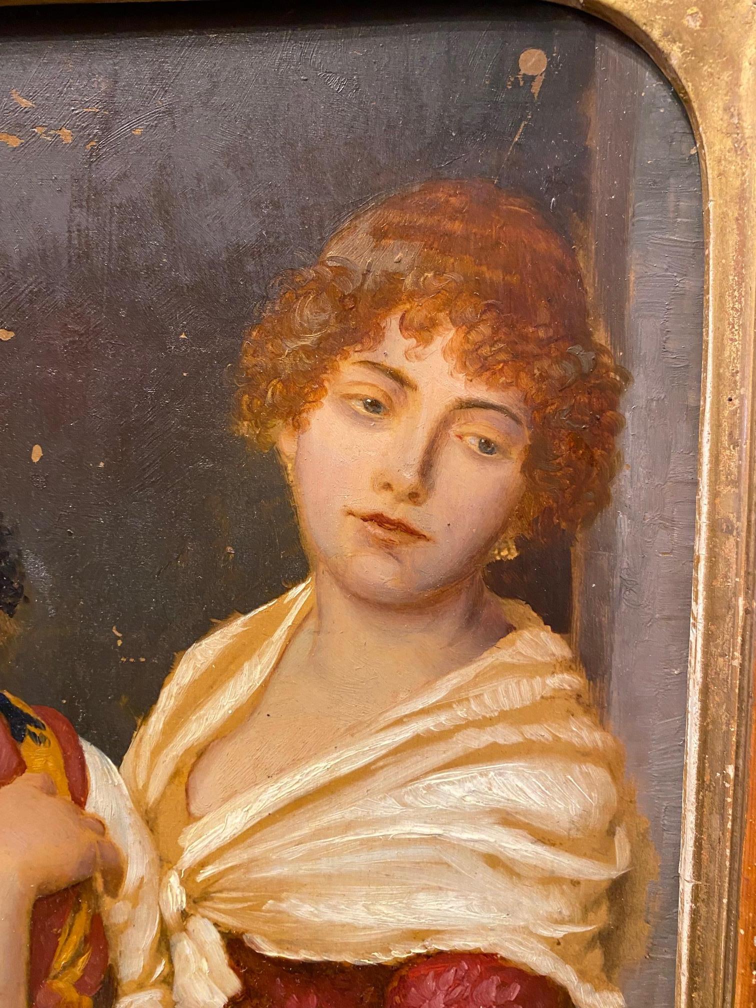 Antico dipinto italiano di dame di compagnia, scuola napoletana, seconda metà del XIX secolo, un ritratto realista a olio su tavola di due cortigiane napoletane che oziano a una finestra aperta, con titolo iscritto sul retro 