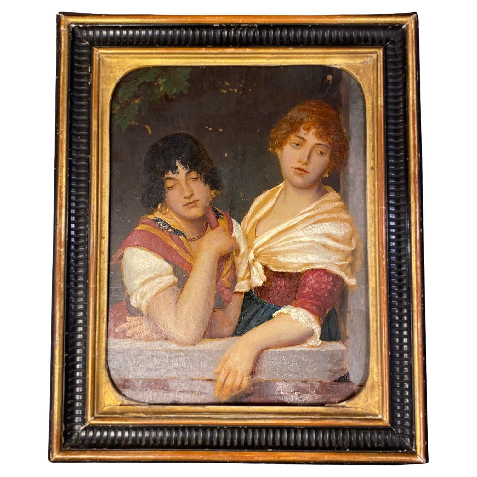 Peinture italienne du XIXe siècle représentant des femmes en attente