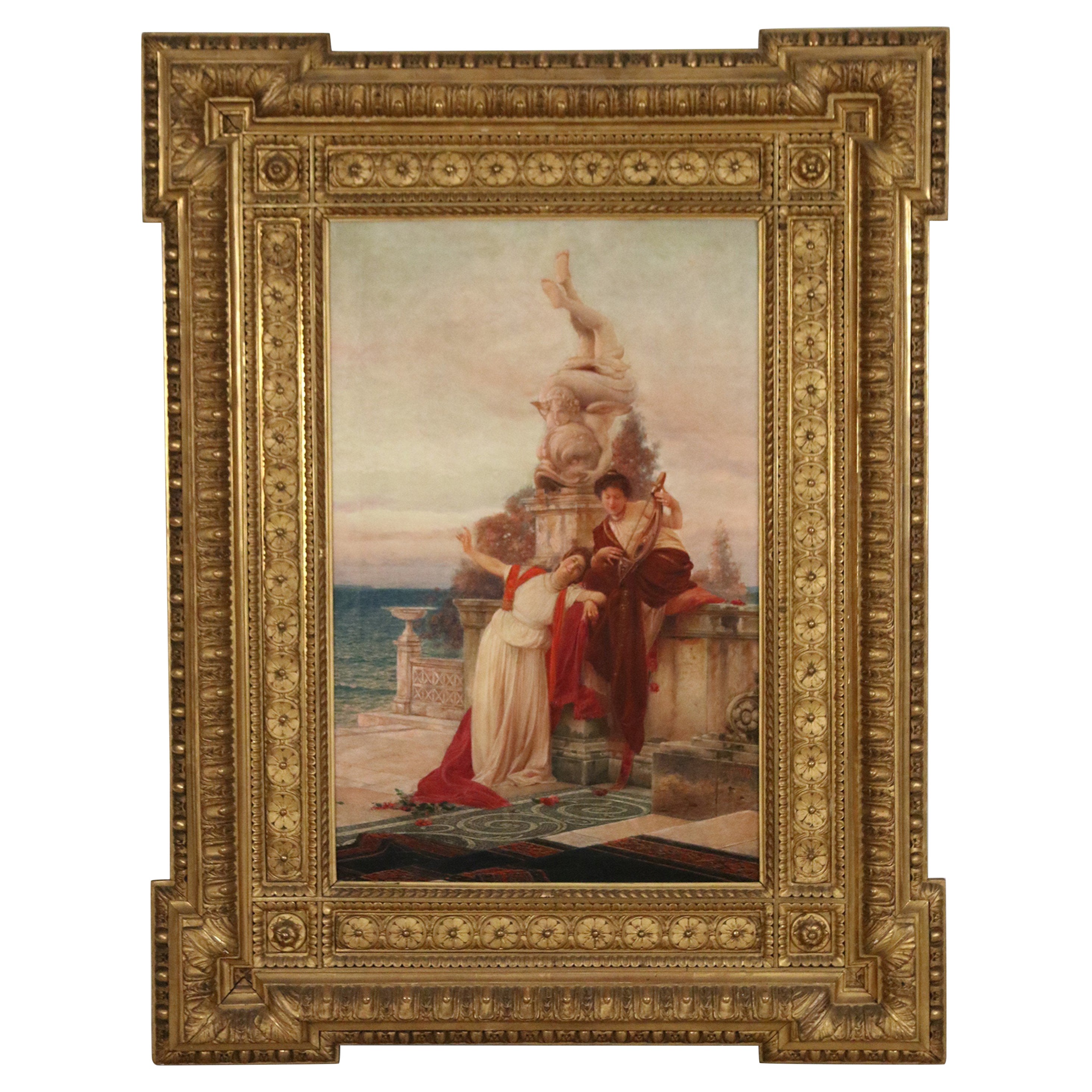 Tableau italien du 19e siècle représentant les Muses dans un cadre orné en bois doré sculpté