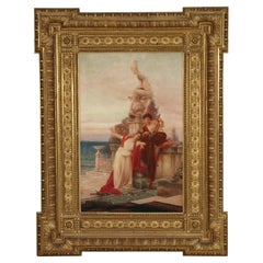 Tableau italien du 19e siècle représentant les Muses dans un cadre orné en bois doré sculpté