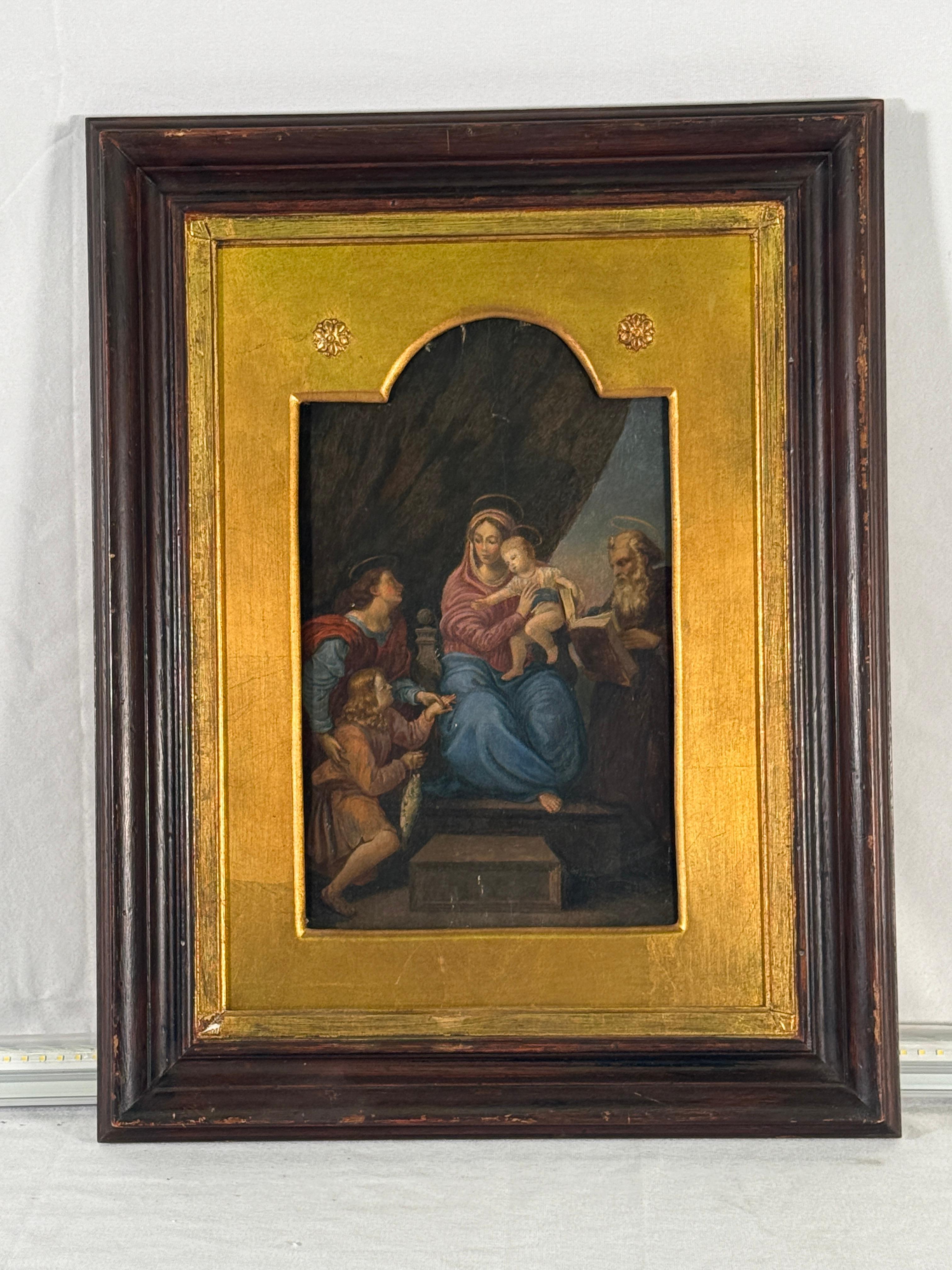 19th Century Italian Painting of The Virgin of the Fish done in the Purisimo Style. Revivalist piece of a Raphael Painting. The Virgin Mary & baby Jesus with Saint Jerome and Arc Angel Raphael. Unique piece purchased in France. Age appropriate wear,