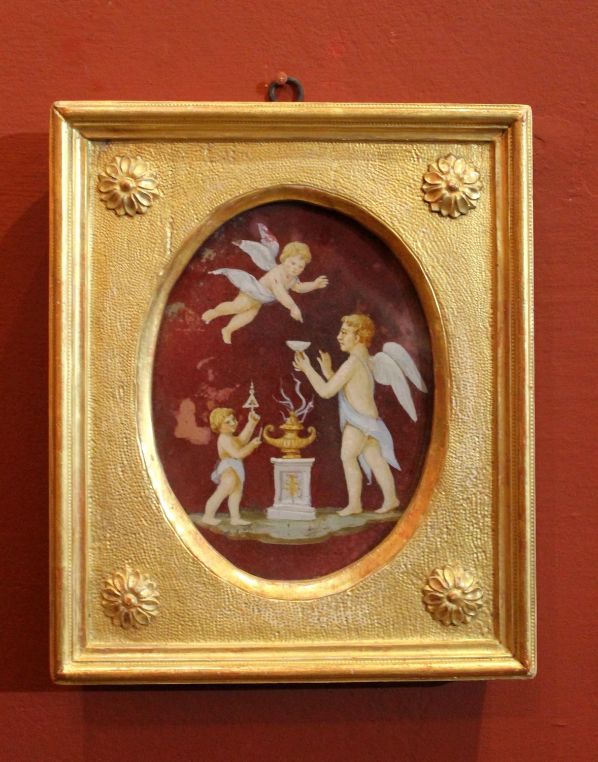 Italian Neoclassical Style Putti Oil Painting on Oval Glass in Giltwood Frame 6
