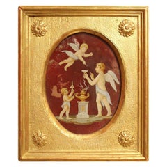 Italian Neoclassical Style Putti Oil Painting on Oval Glass in Giltwood Frame