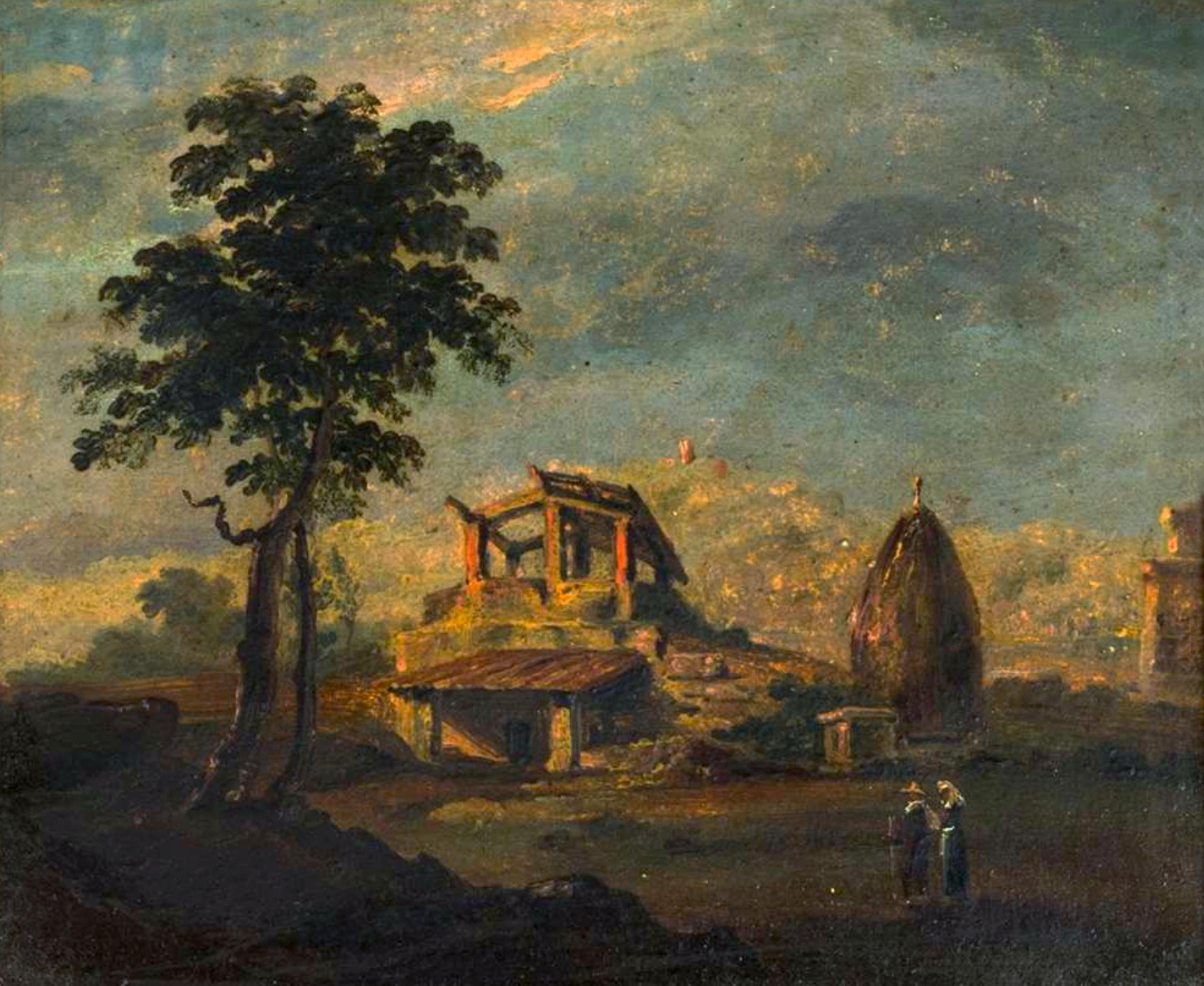 A captivating Romanticism Period painting depicts a beautiful household nestled along a scenic Roman provincial road, Via Appia, a few miles away from the capital city. The painting, executed on cardboard with a wooden frame, captures the serene