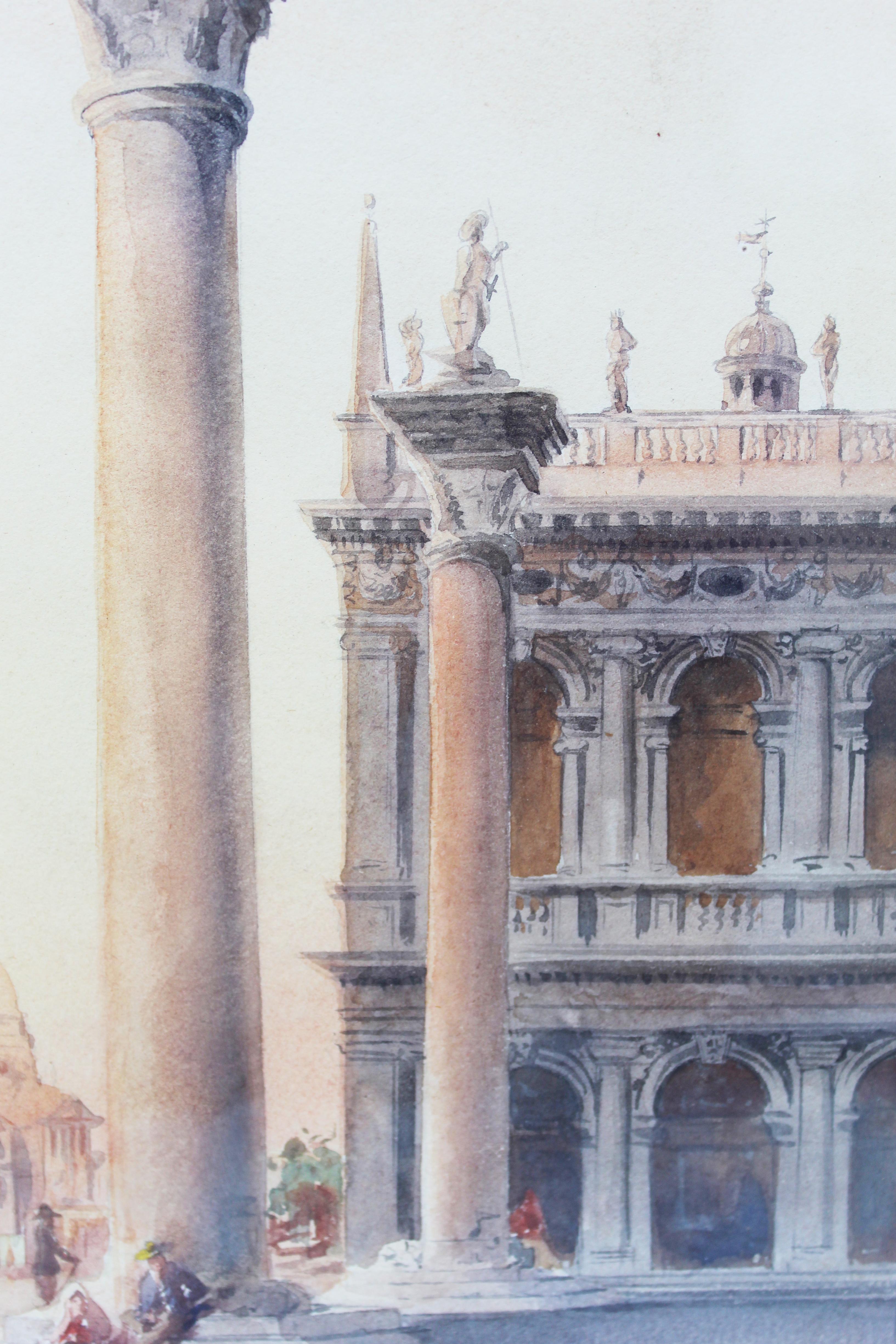 19th Century Italian painting Watercolor View of Venice St Mark Square Signed For Sale 9