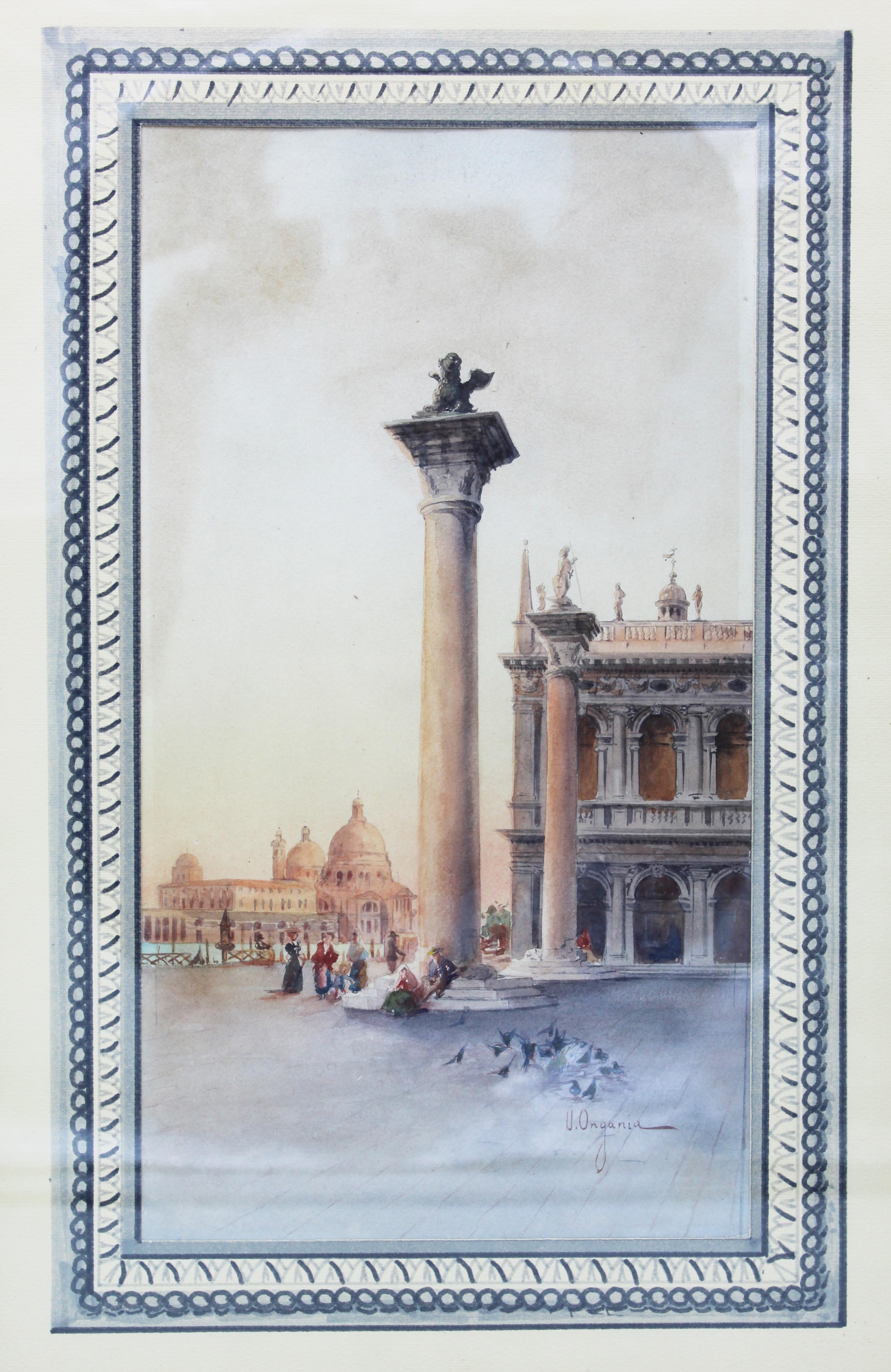 Neoclassical 19th Century Italian painting Watercolor View of Venice St Mark Square Signed For Sale