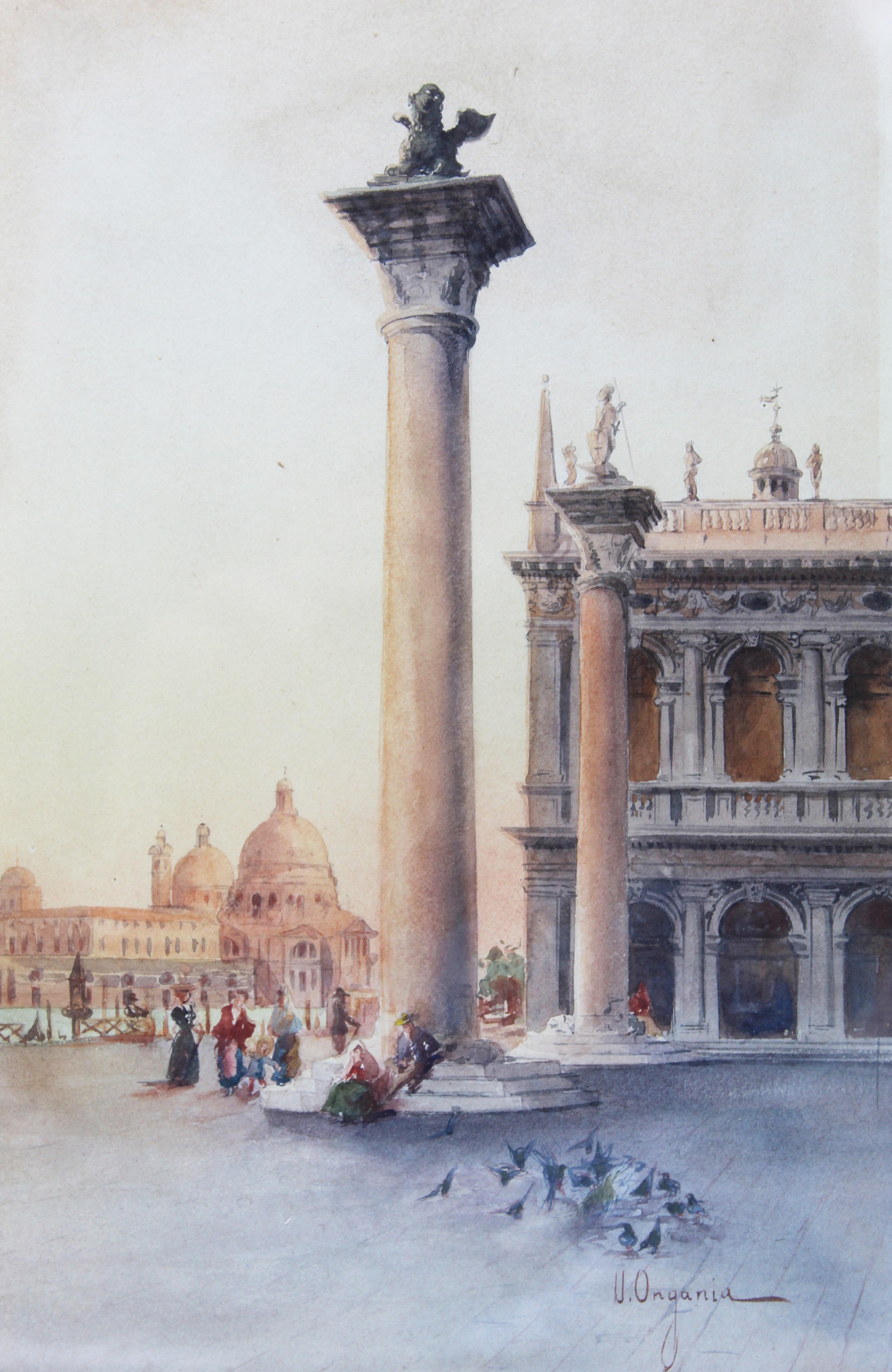 Hand-Painted 19th Century Italian painting Watercolor View of Venice St Mark Square Signed For Sale