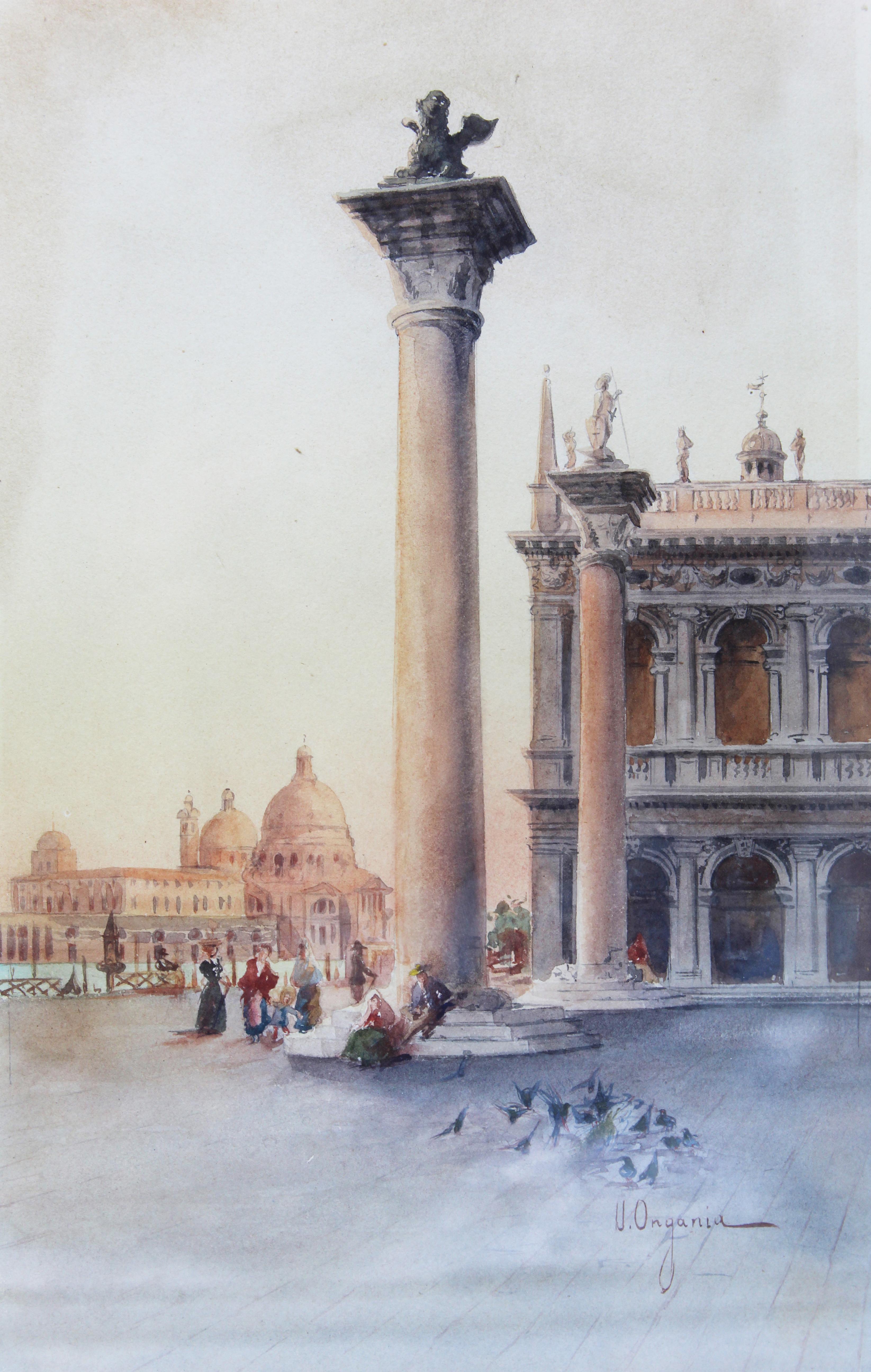 19th Century Italian painting Watercolor View of Venice St Mark Square Signed In Good Condition For Sale In Roma, IT