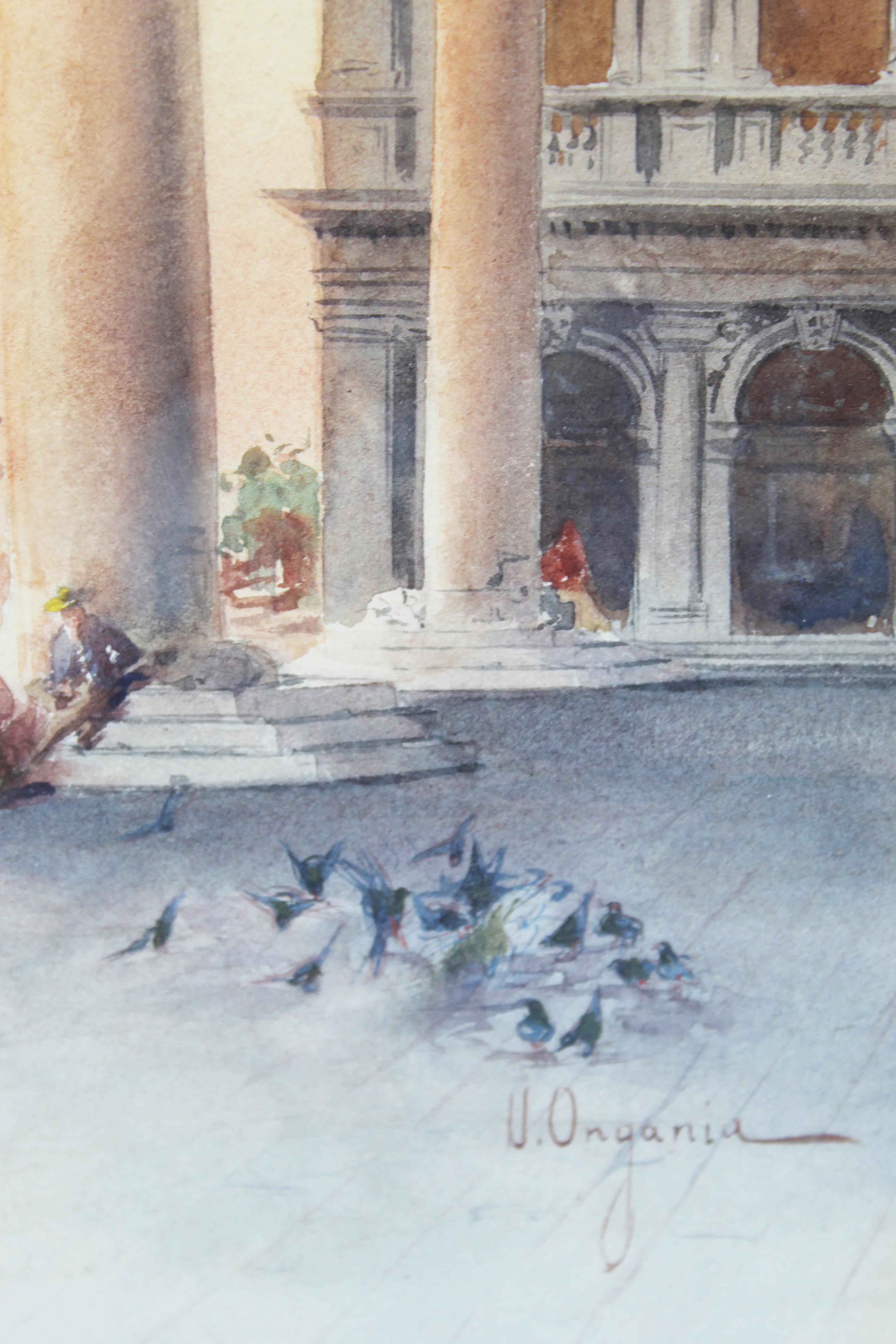 19th Century Italian painting Watercolor View of Venice St Mark Square Signed For Sale 1
